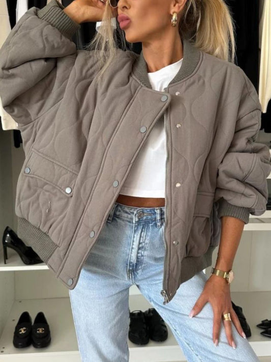 Baseball Collar Snap Down Long Sleeve Jacket-Angel Casuals