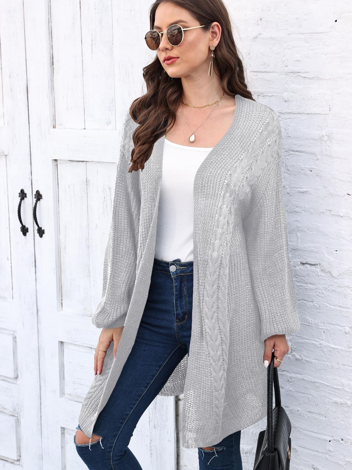Cable-Knit Open Front Long Sleeve Cardigan-Angel Casuals