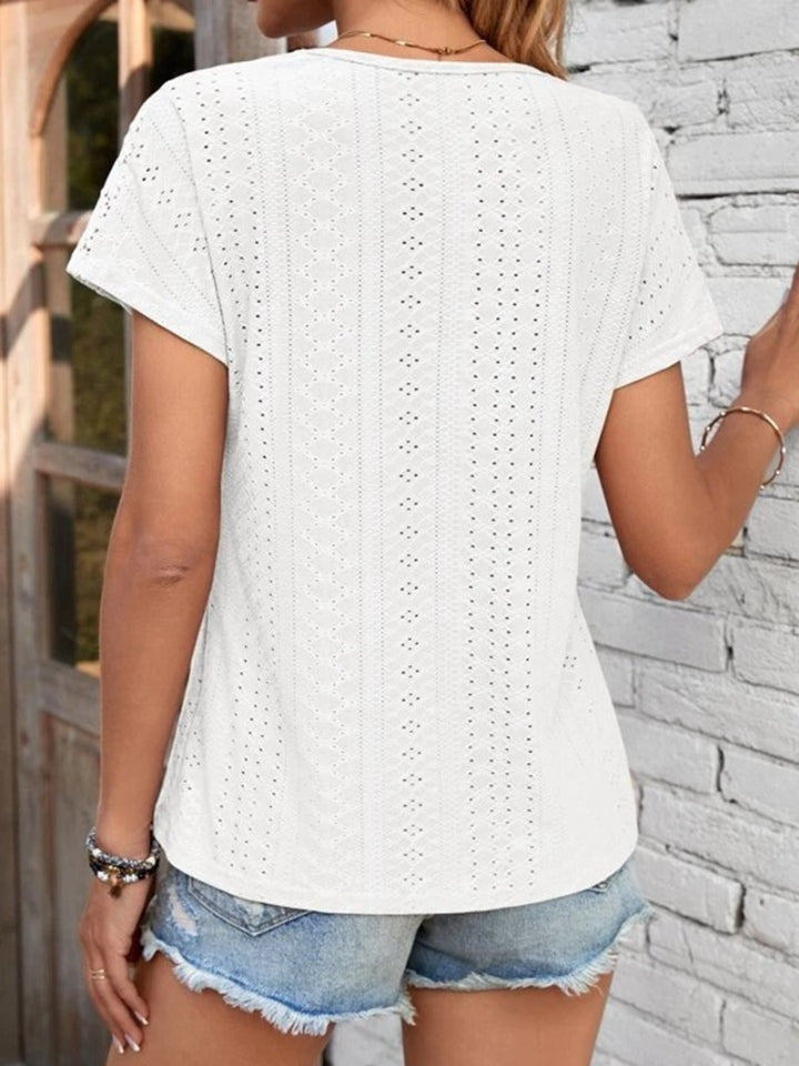 Eyelet V-Neck Short Sleeve T-Shirt-Angel Casuals