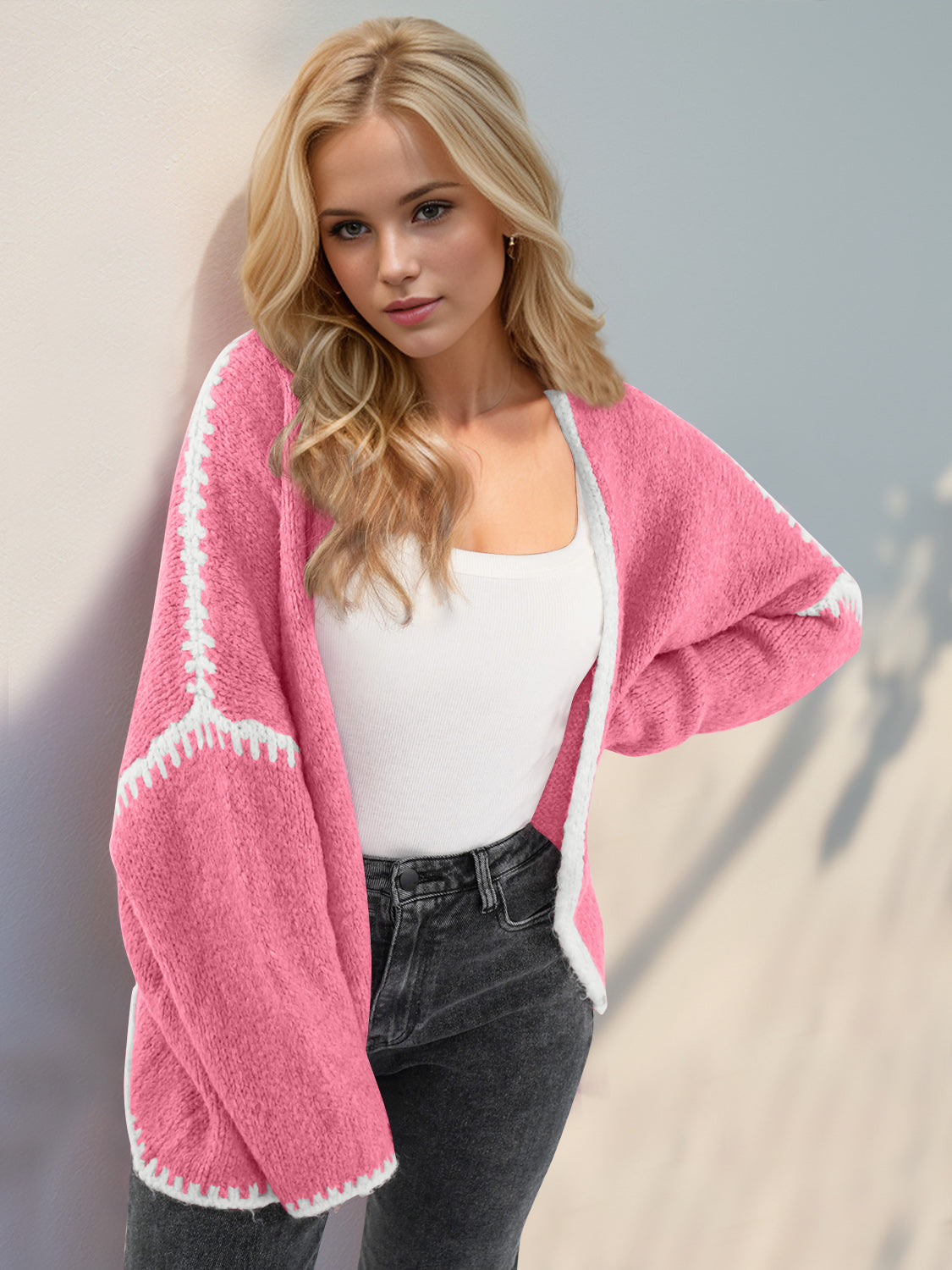 Double Take Contrast Open Front Dropped Shoulder Cardigan-Angel Casuals