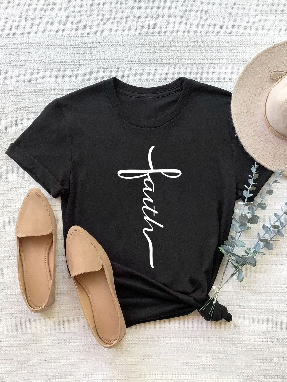 Letter Graphic Round Neck Short Sleeve T-Shirt-Angel Casuals