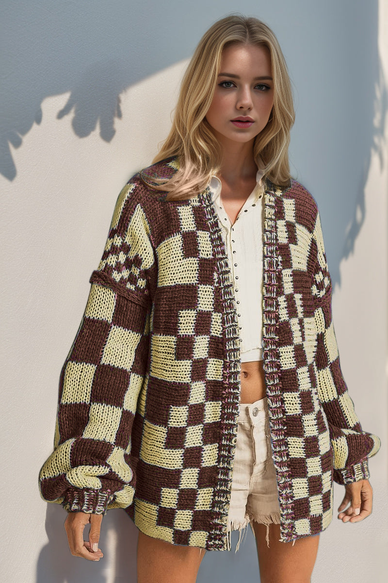 Double Take Full Size Open Front Checkered Drop Shoulder Cardigan-Angel Casuals