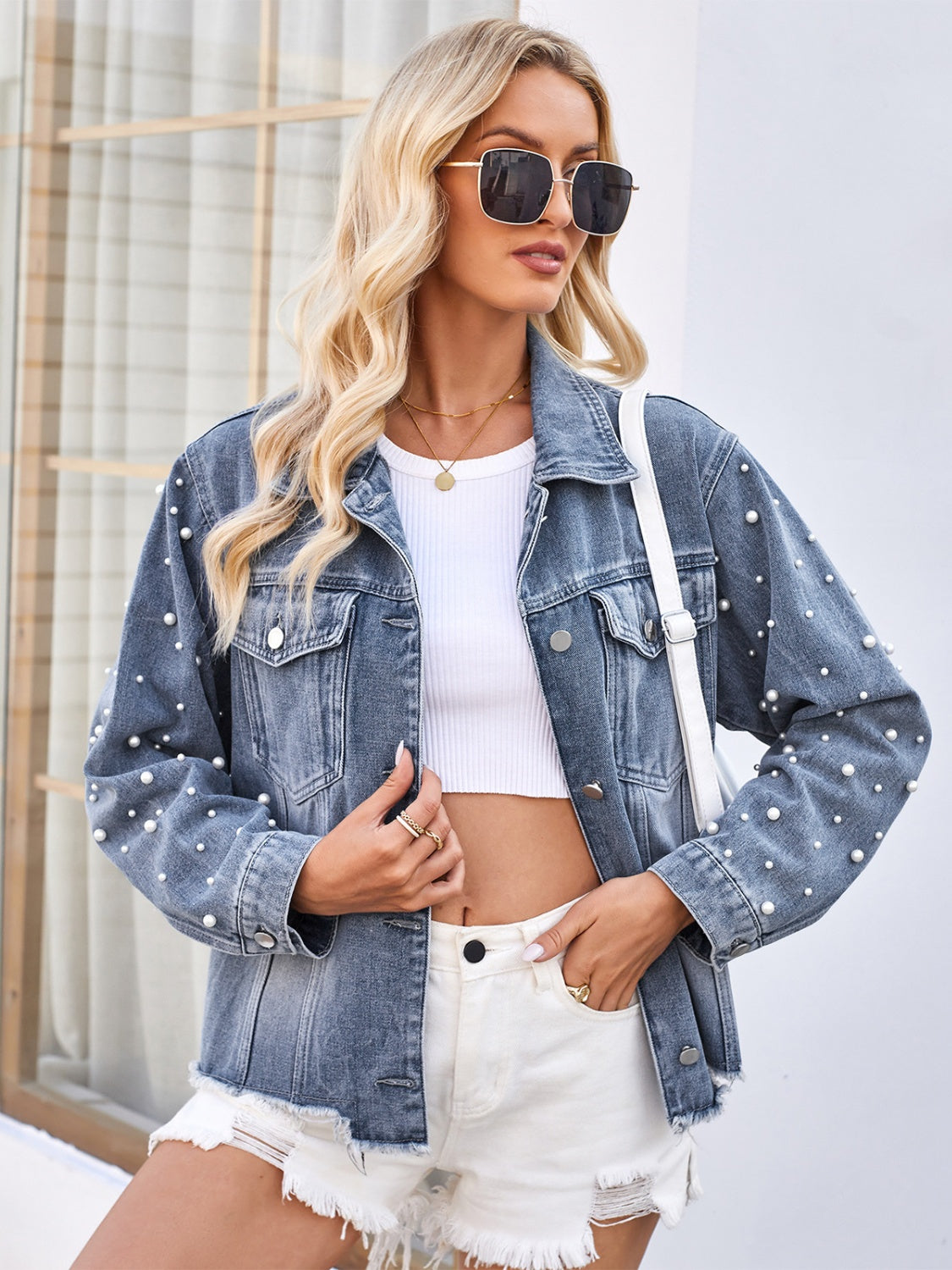 Pearl Trim Raw Hem Denim Jacket-Angel Casuals