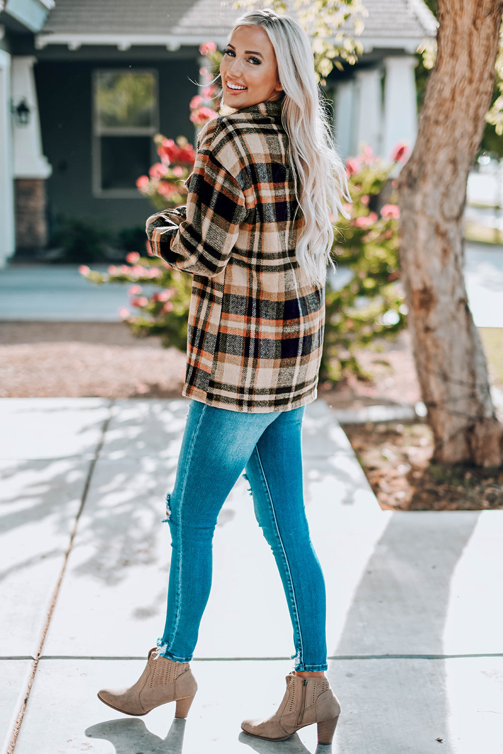 Double Take Plaid Button Front Shirt Jacket with Breast Pockets-Angel Casuals