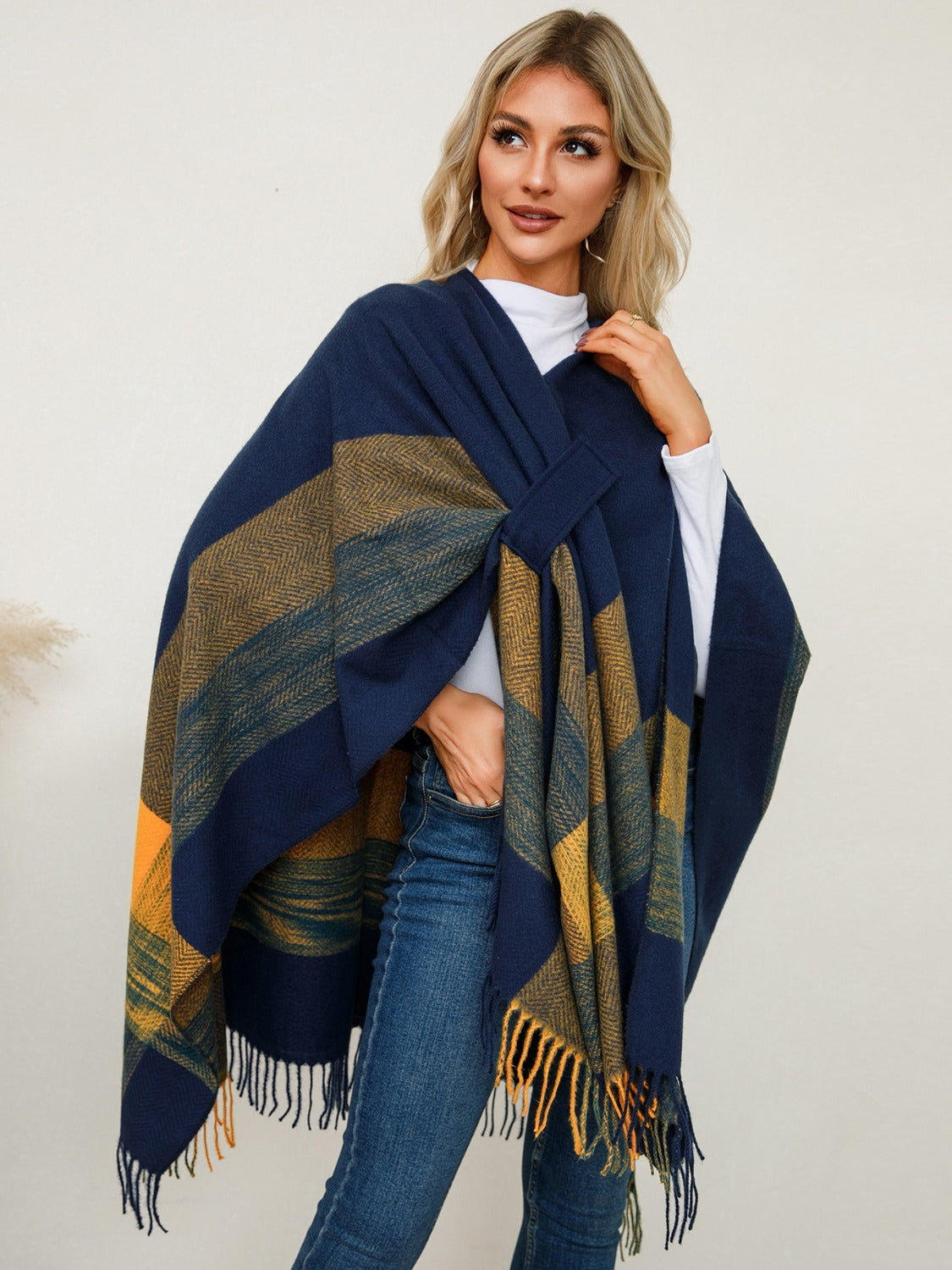 Fringe Contrast Plaid Poncho-Angel Casuals