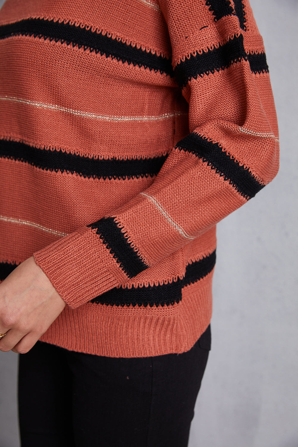 Striped Round Neck Dropped Shoulder Sweater-Angel Casuals