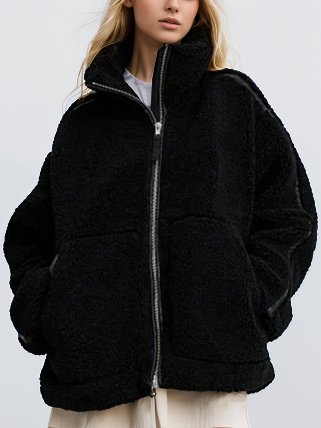 Zip Up Turtleneck Long Sleeve Plush Jacket-Angel Casuals