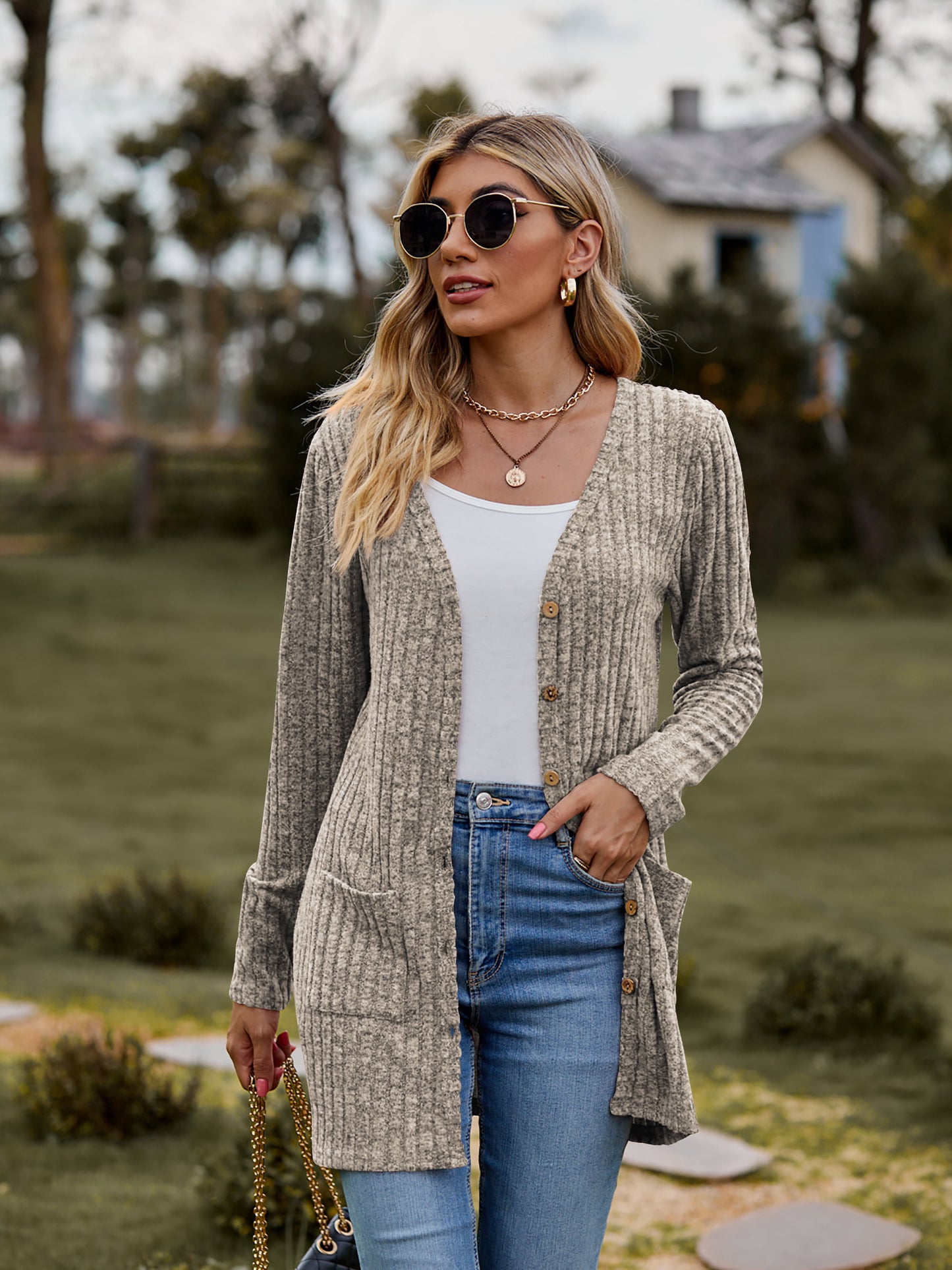 Ribbed Button-Up Cardigan with Pockets-Angel Casuals