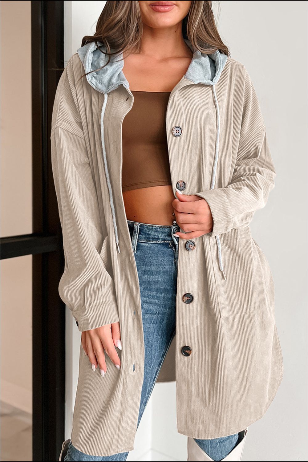 Drawstring Button Up Long Sleeve Hooded Jacket-Angel Casuals