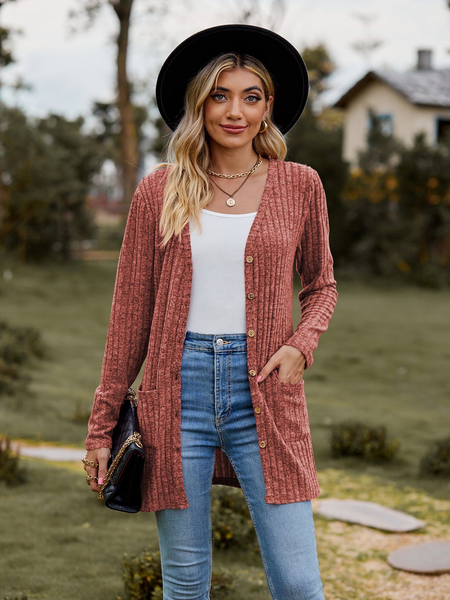 Ribbed Button-Up Cardigan with Pockets-Angel Casuals