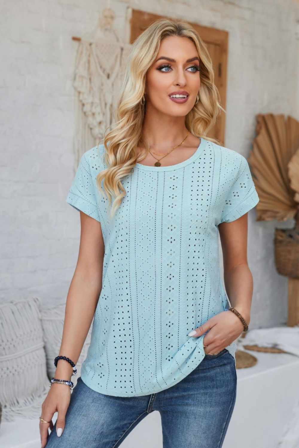 Eyelet Round Neck Rolled Short Sleeve T-Shirt-Angel Casuals