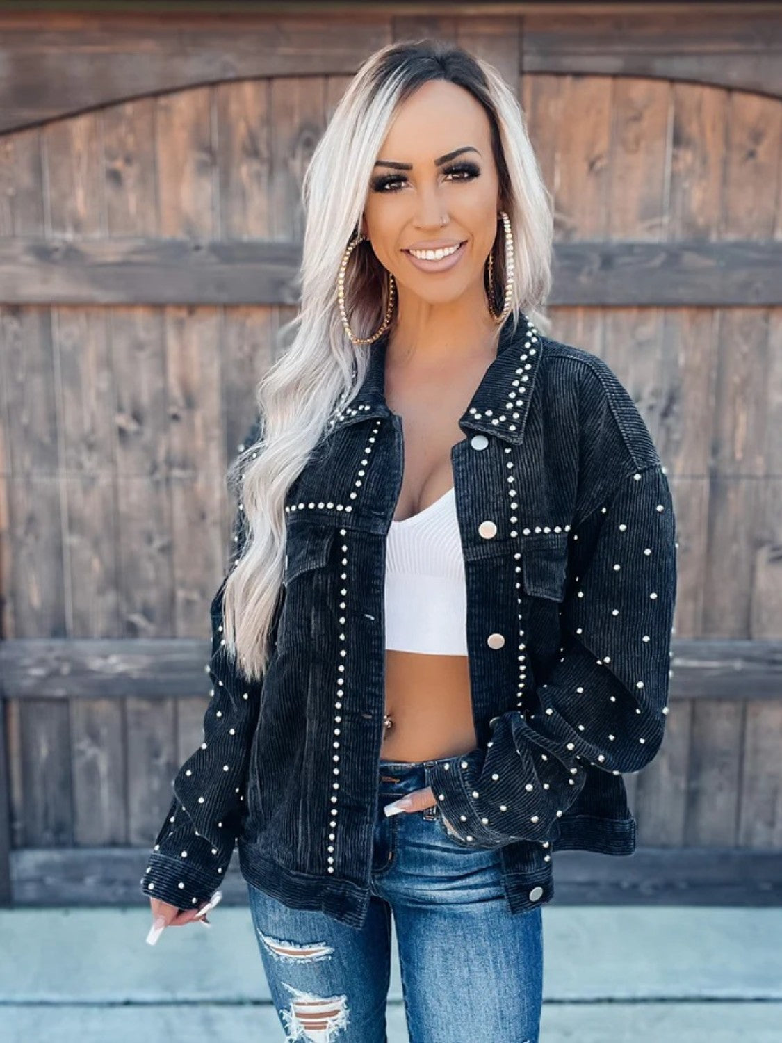 Studded Collared Neck Button Down Jacket-Angel Casuals