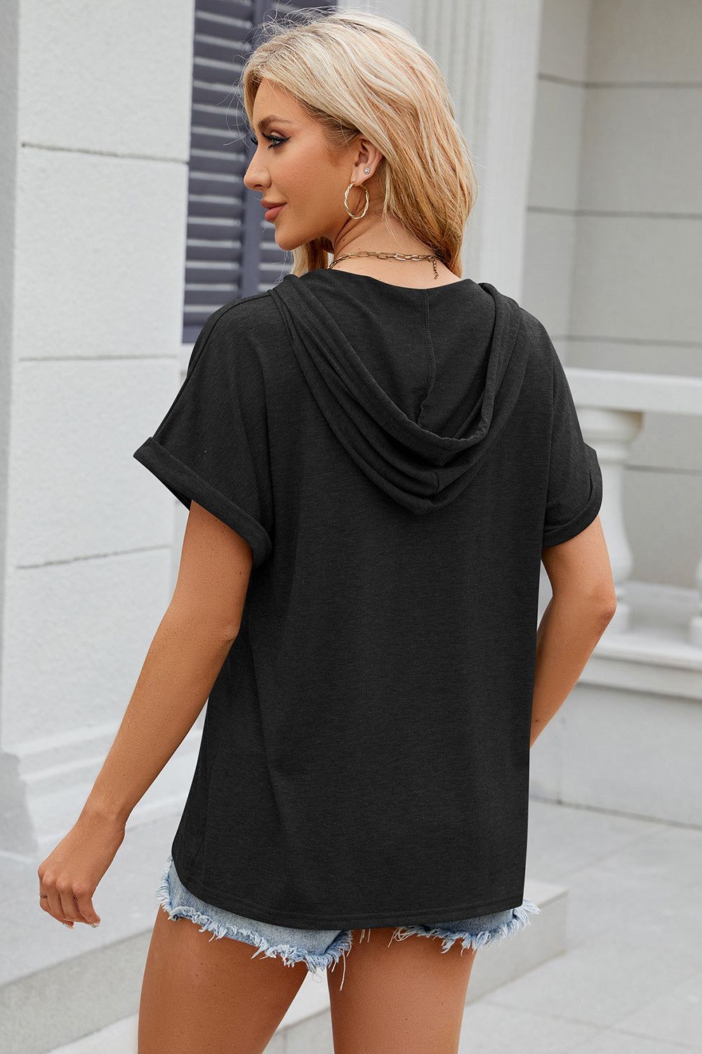 Half Button Drawstring Short Sleeve Hooded T-Shirt-Angel Casuals