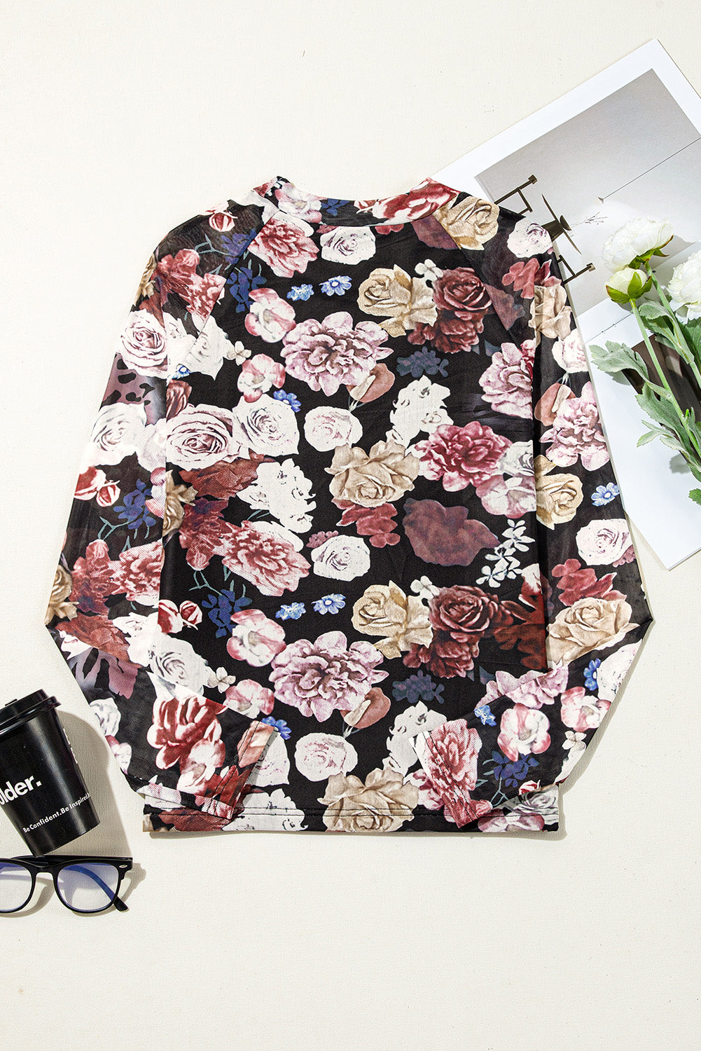 Floral Mock Neck Long Sleeve Mesh Top-Angel Casuals