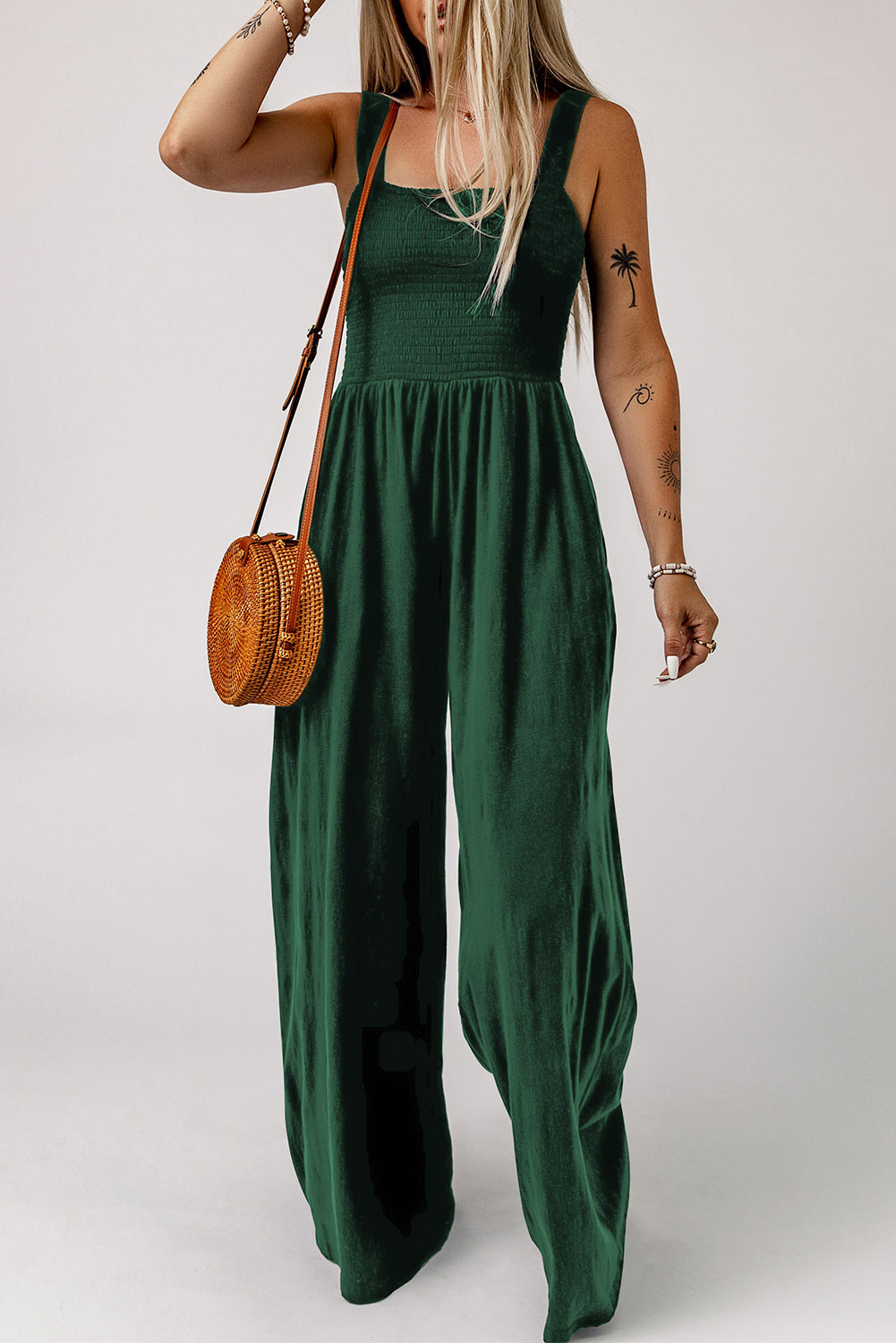 Smocked Square Neck Wide Leg Jumpsuit with Pockets-Angel Casuals