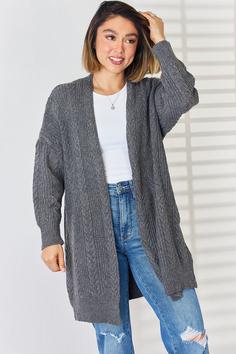 Cable-Knit Open Front Dropped Shoulder Cardigan-Angel Casuals