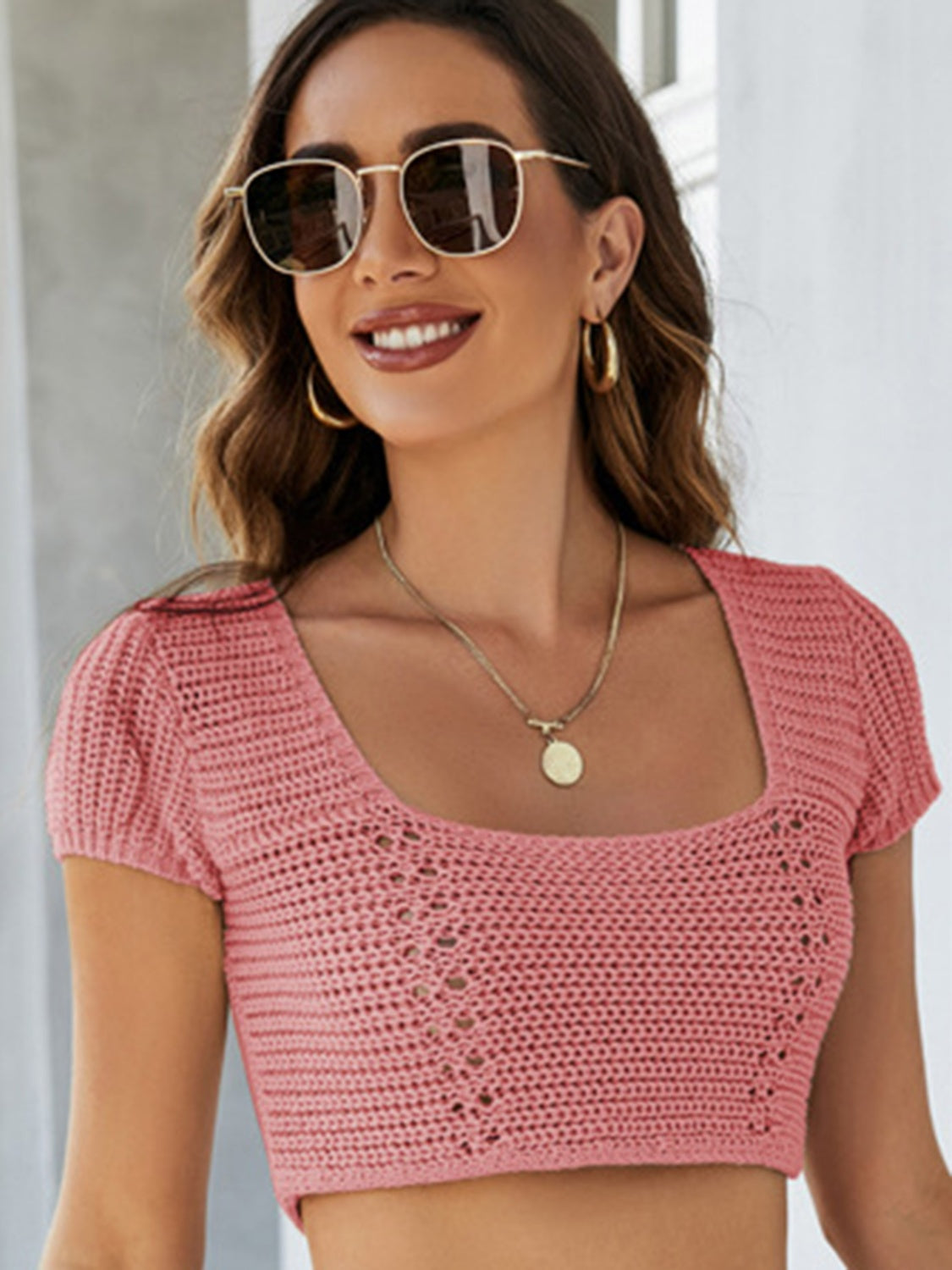 Lace-Up Openwork Square Neck Sweater-Angel Casuals