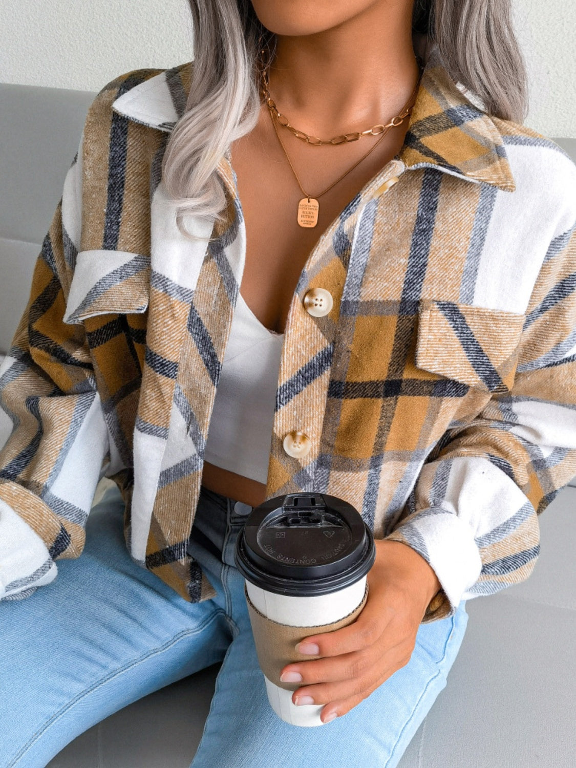 Plaid Collared Neck Long Sleeve Jacket-Angel Casuals