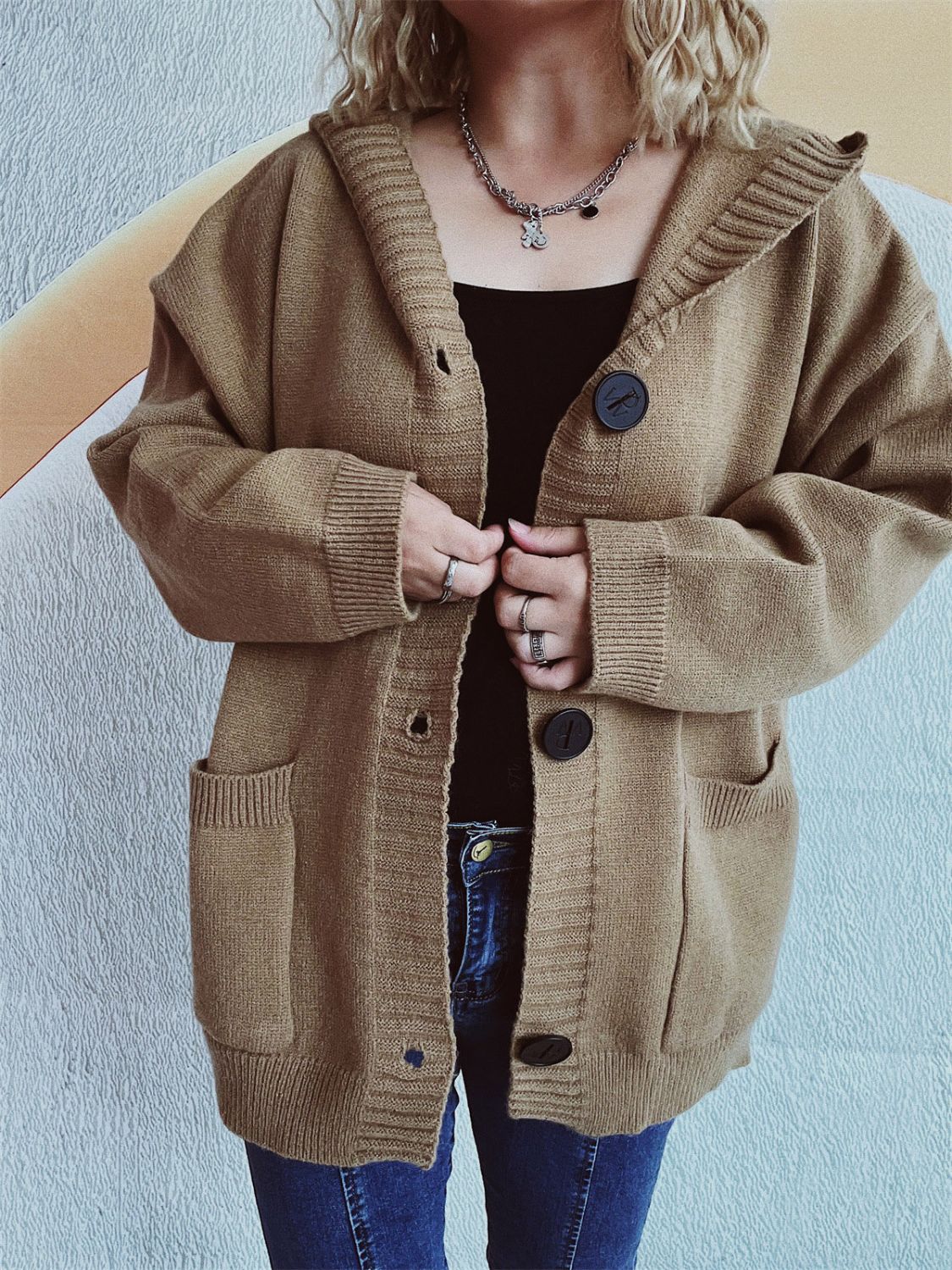 Dropped Shoulder Long Sleeve Hooded Cardigan-Angel Casuals