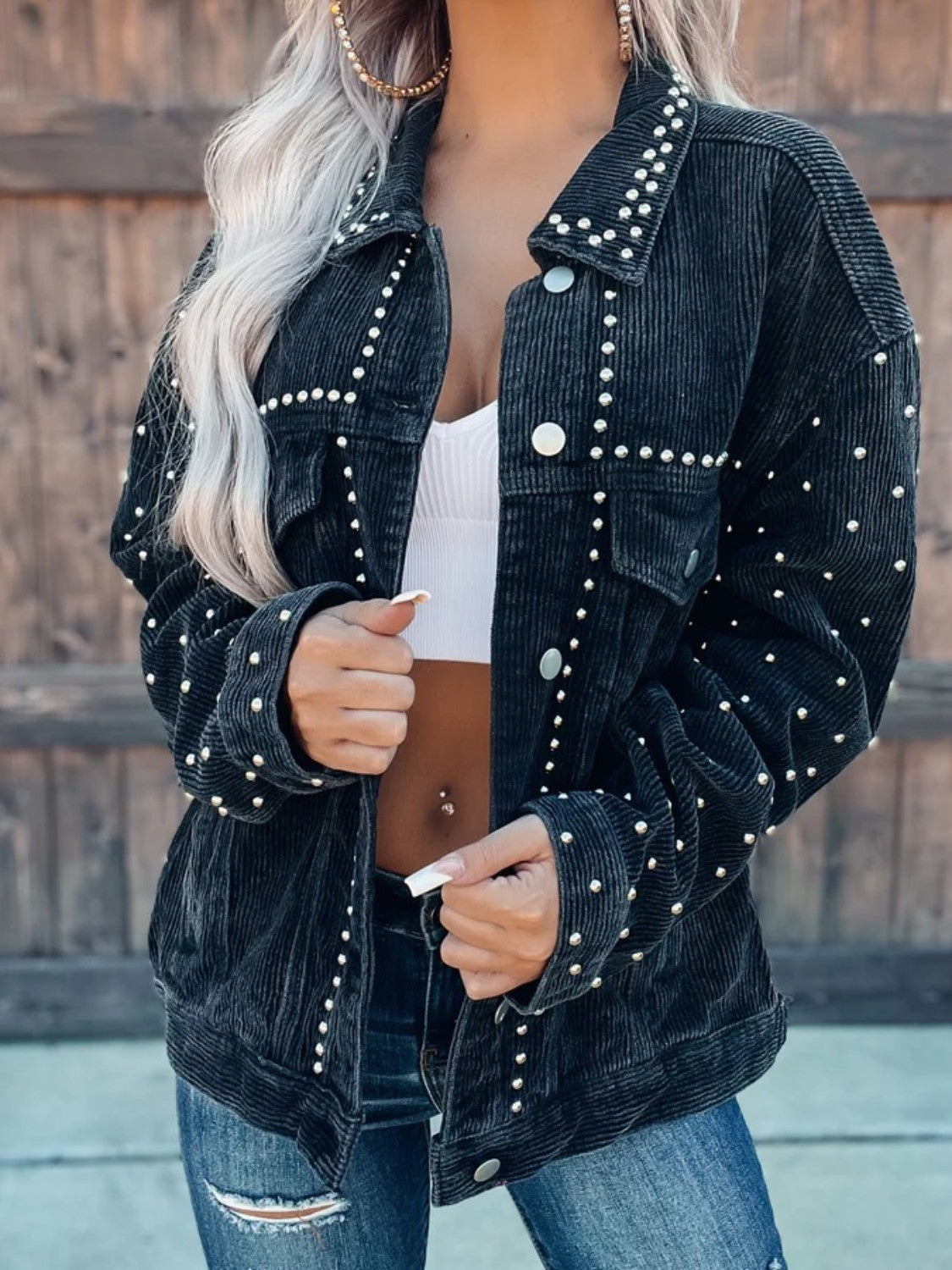 Studded Collared Neck Button Down Jacket-Angel Casuals