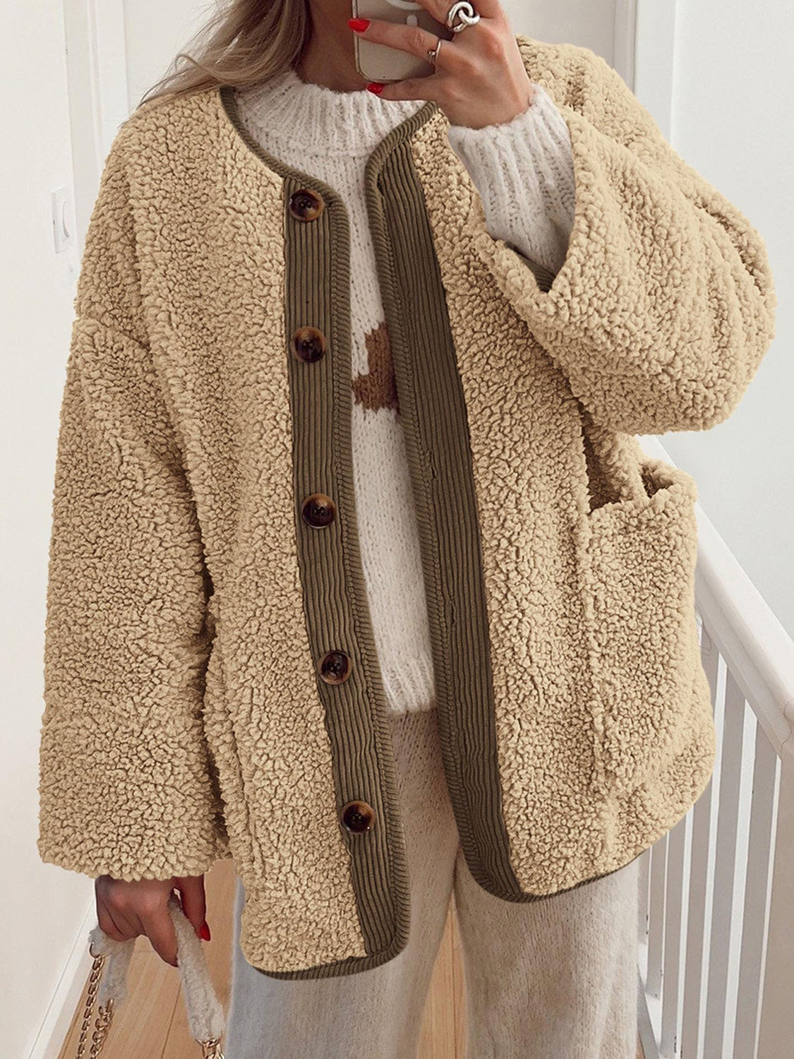 Contrast Button Up Sherpa Jacket with Pockets-Angel Casuals
