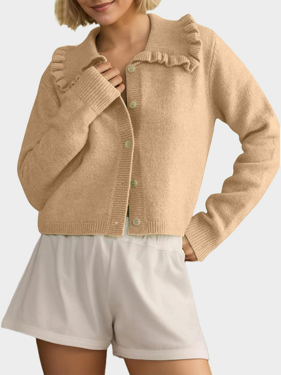 Frill Button Up Collared Neck Long Sleeve Cardigan-Angel Casuals
