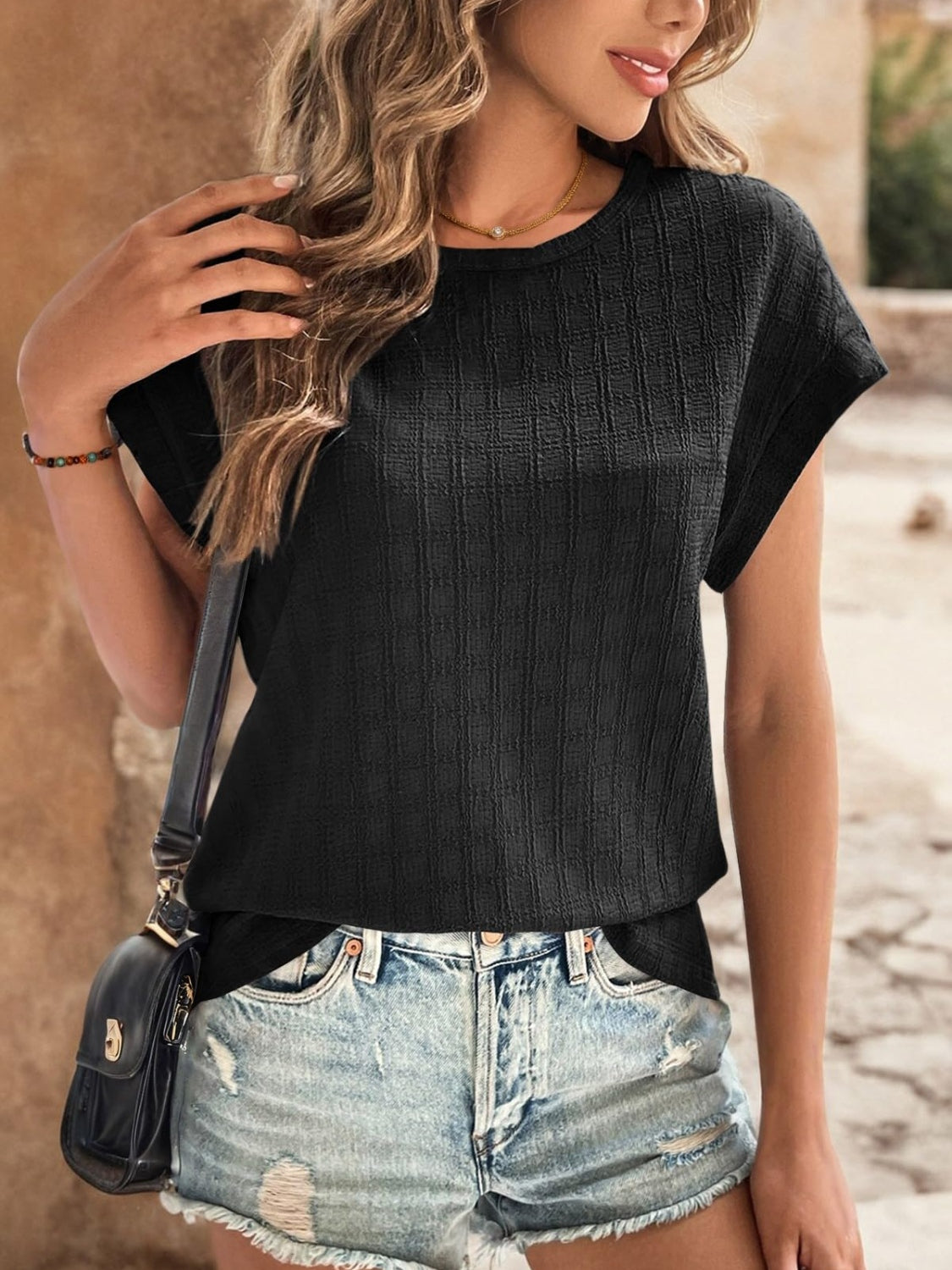 Textured Round Neck Short Sleeve Top-Angel Casuals