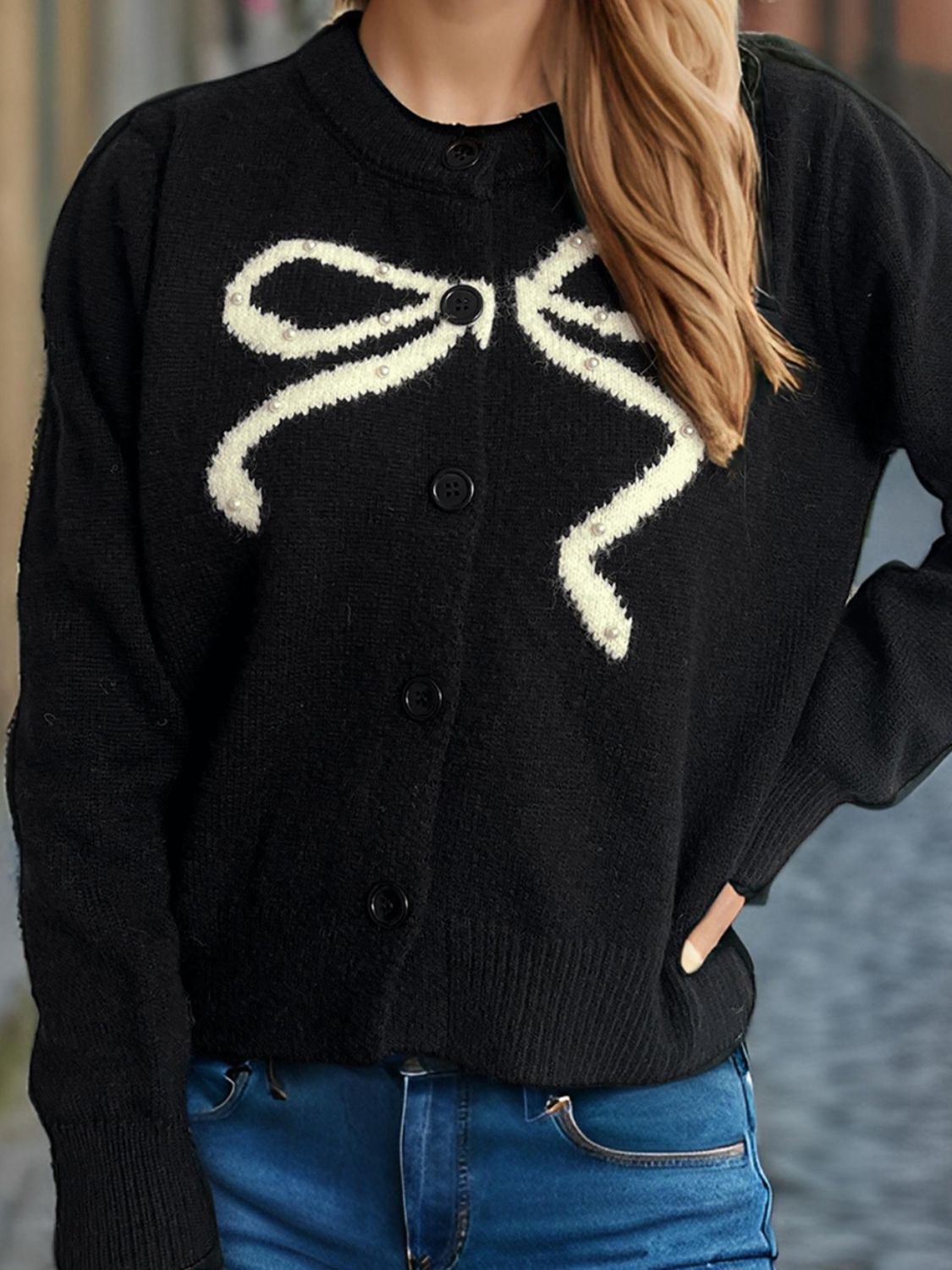 Bow Button Down Round Neck Cardigan-Angel Casuals