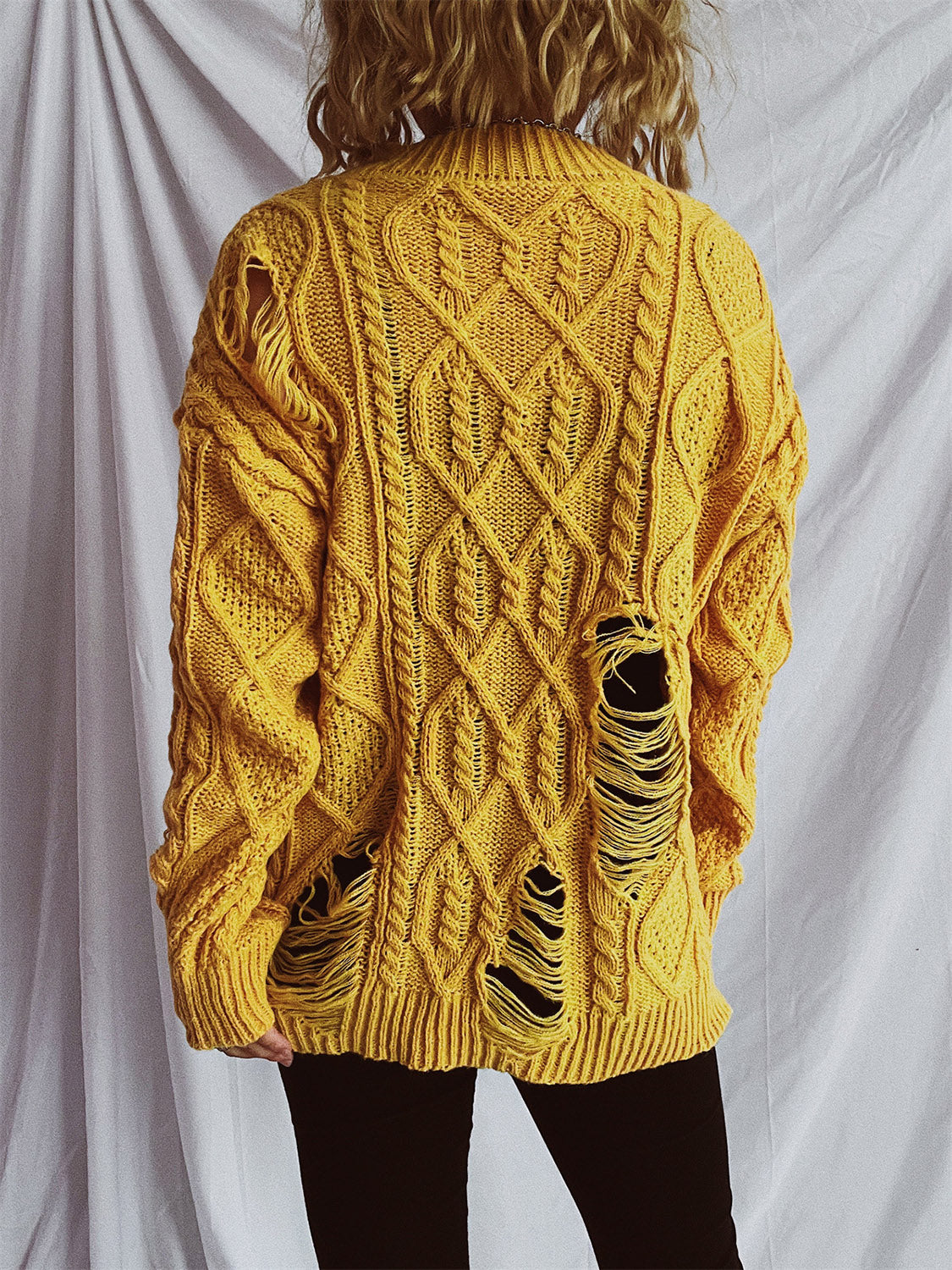 Distressed Cable-Knit Round Neck Long Sleeve Sweater-Angel Casuals