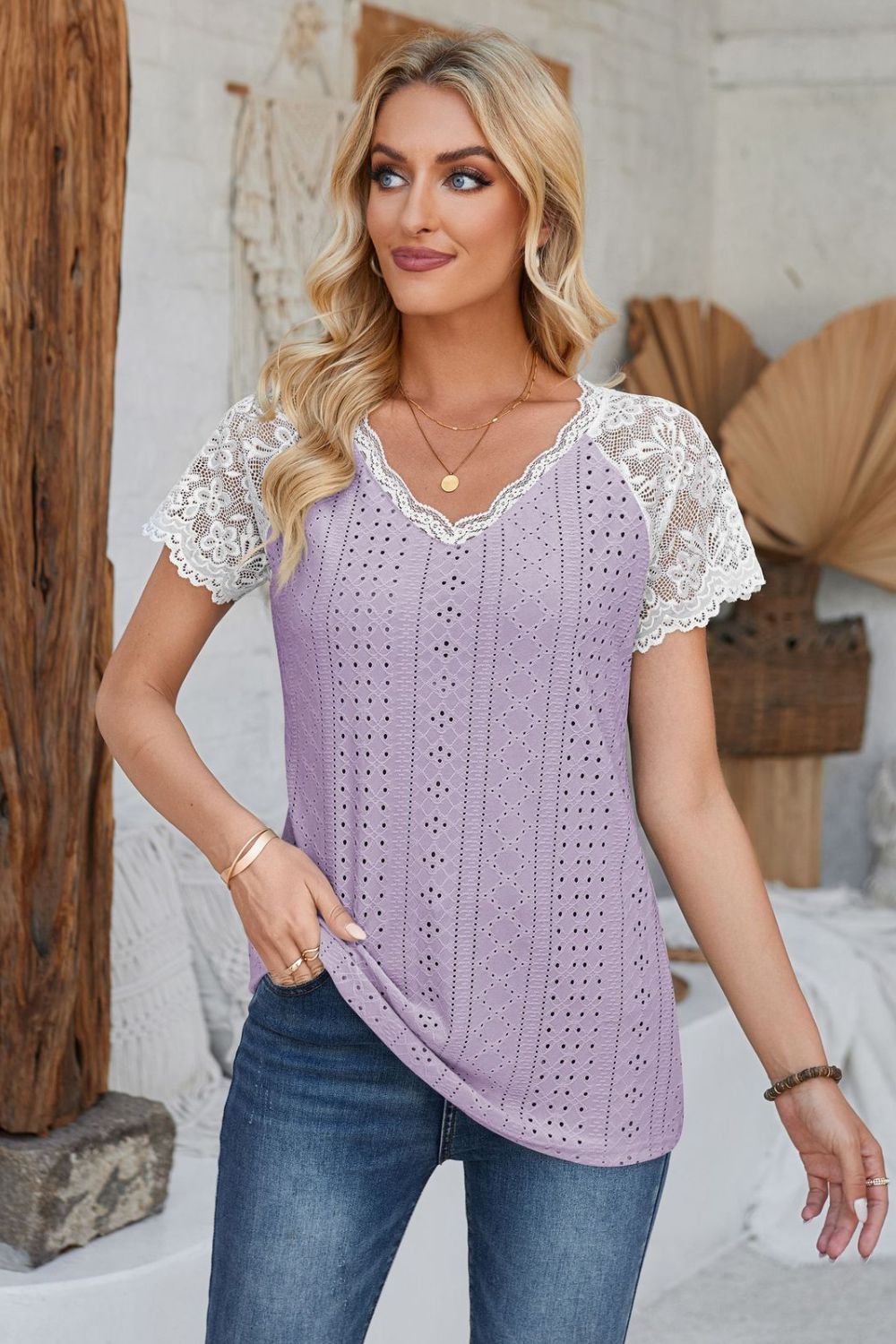 Eyelet V-Neck Lace Short Sleeve T-Shirt-Angel Casuals