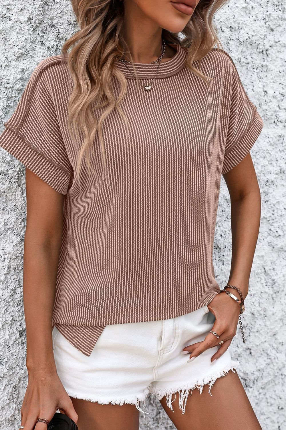Striped Round Neck Short Sleeve T-Shirt-Angel Casuals