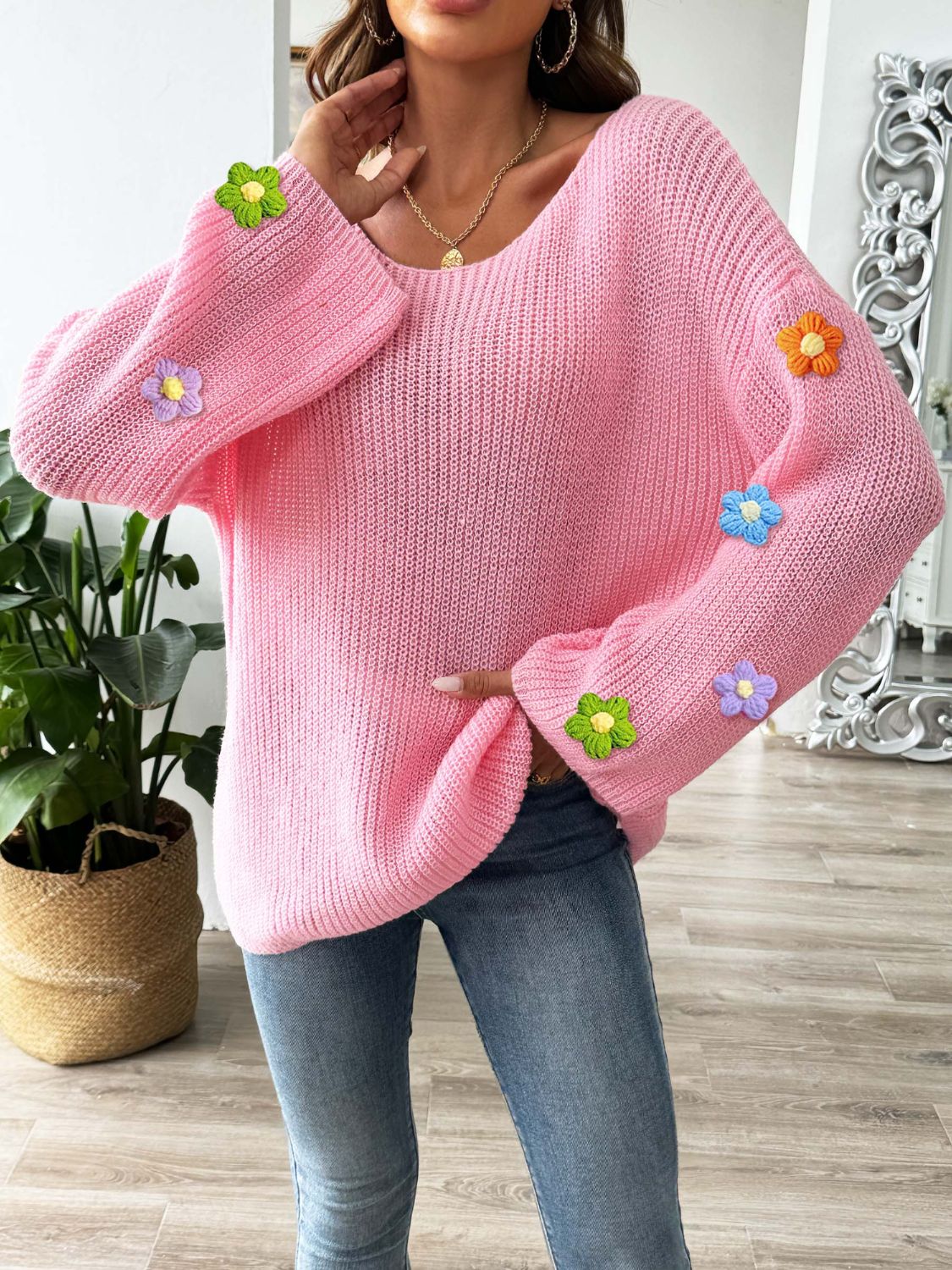 Flower Round Neck Long Sleeve Sweater-Angel Casuals