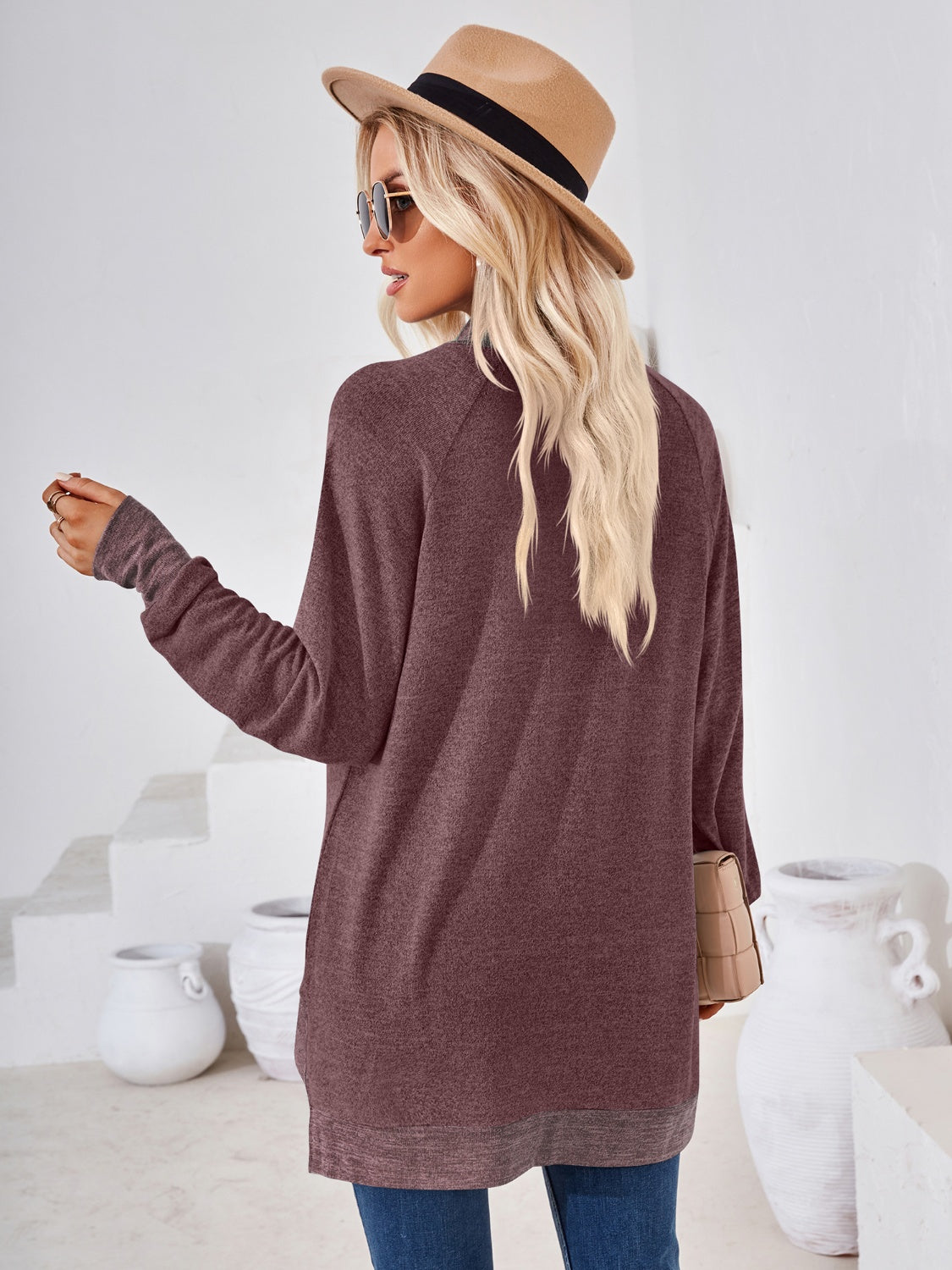 Contrast Mock Neck Long Sleeve T-Shirt-Angel Casuals