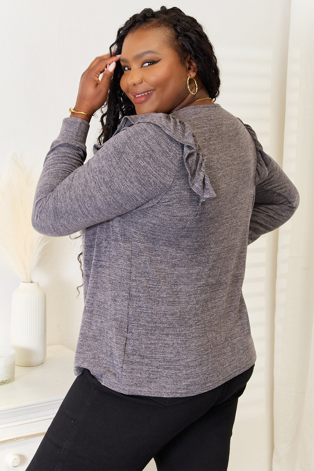 Double Take Square Neck Ruffle Shoulder Long Sleeve T-Shirt-Angel Casuals