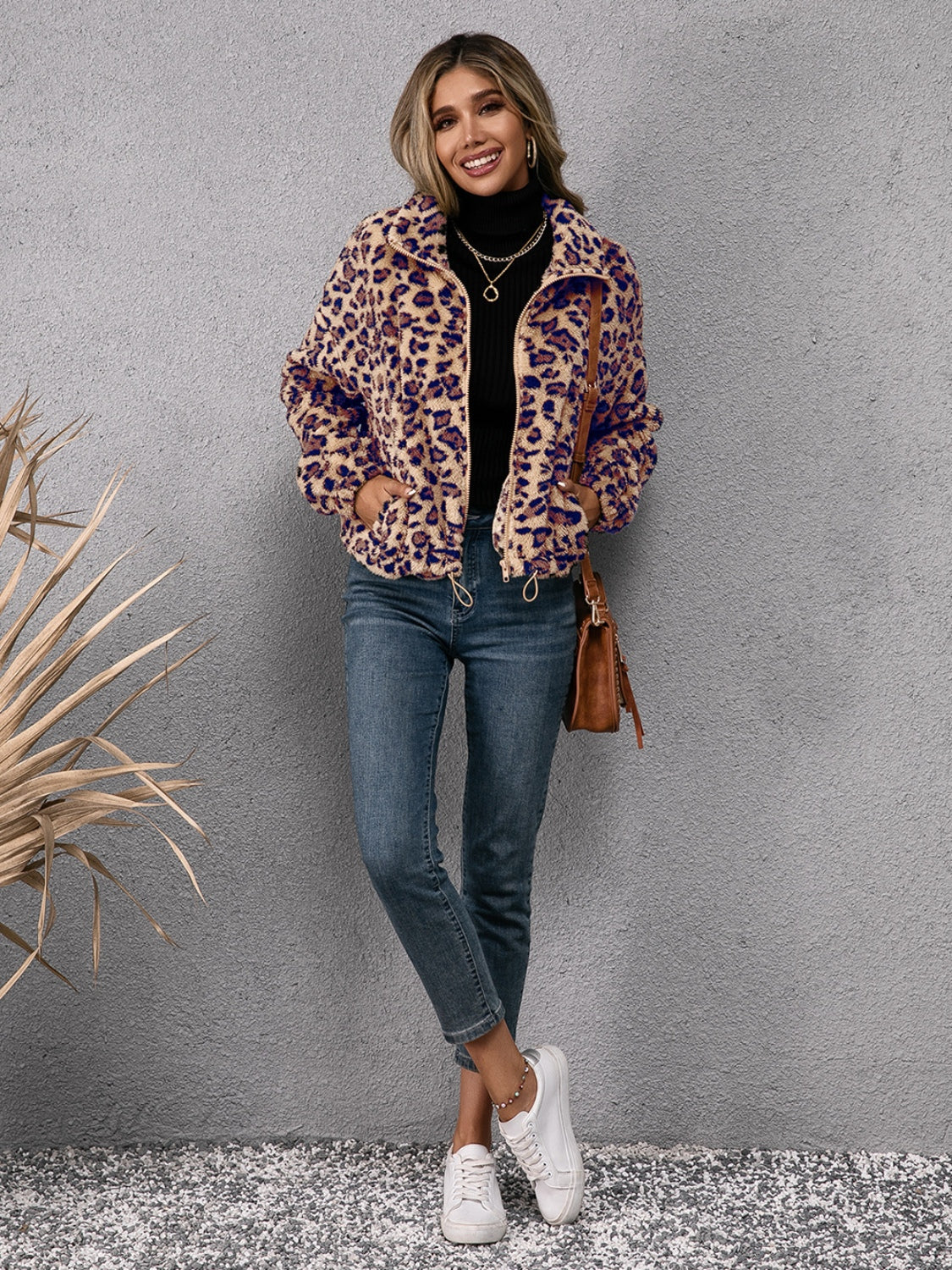 Ivy Lane Drawstring Leopard Zip Up Jacket-Angel Casuals