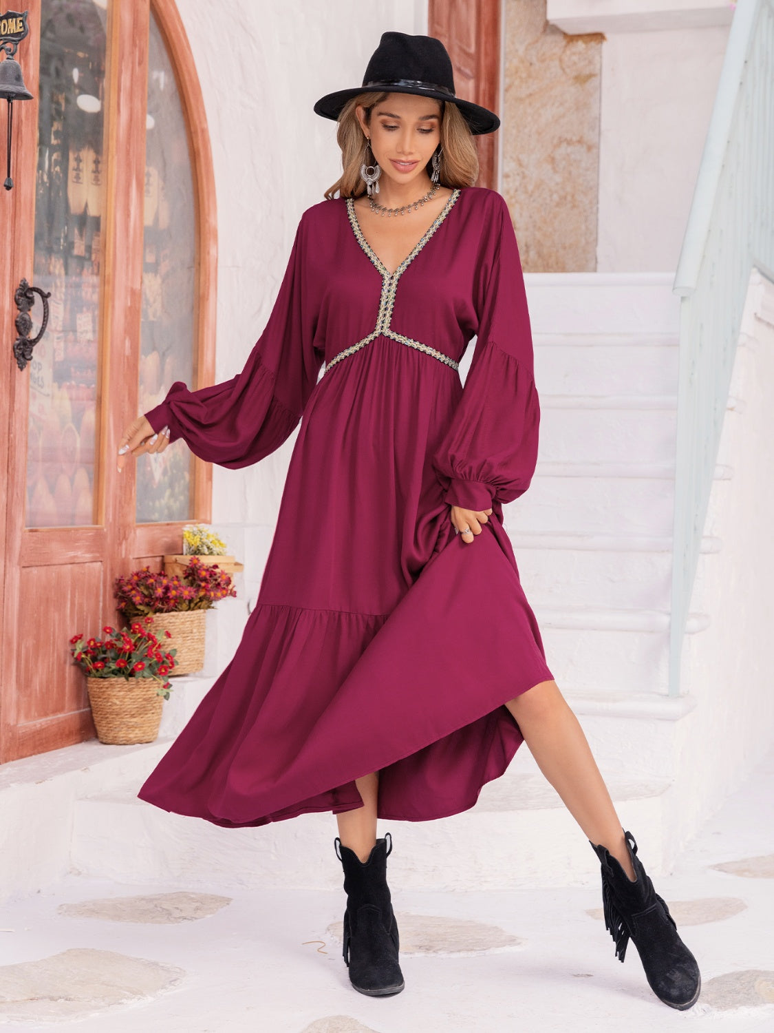 V-Neck Lantern Sleeve Ruffle Hem Dress-Angel Casuals