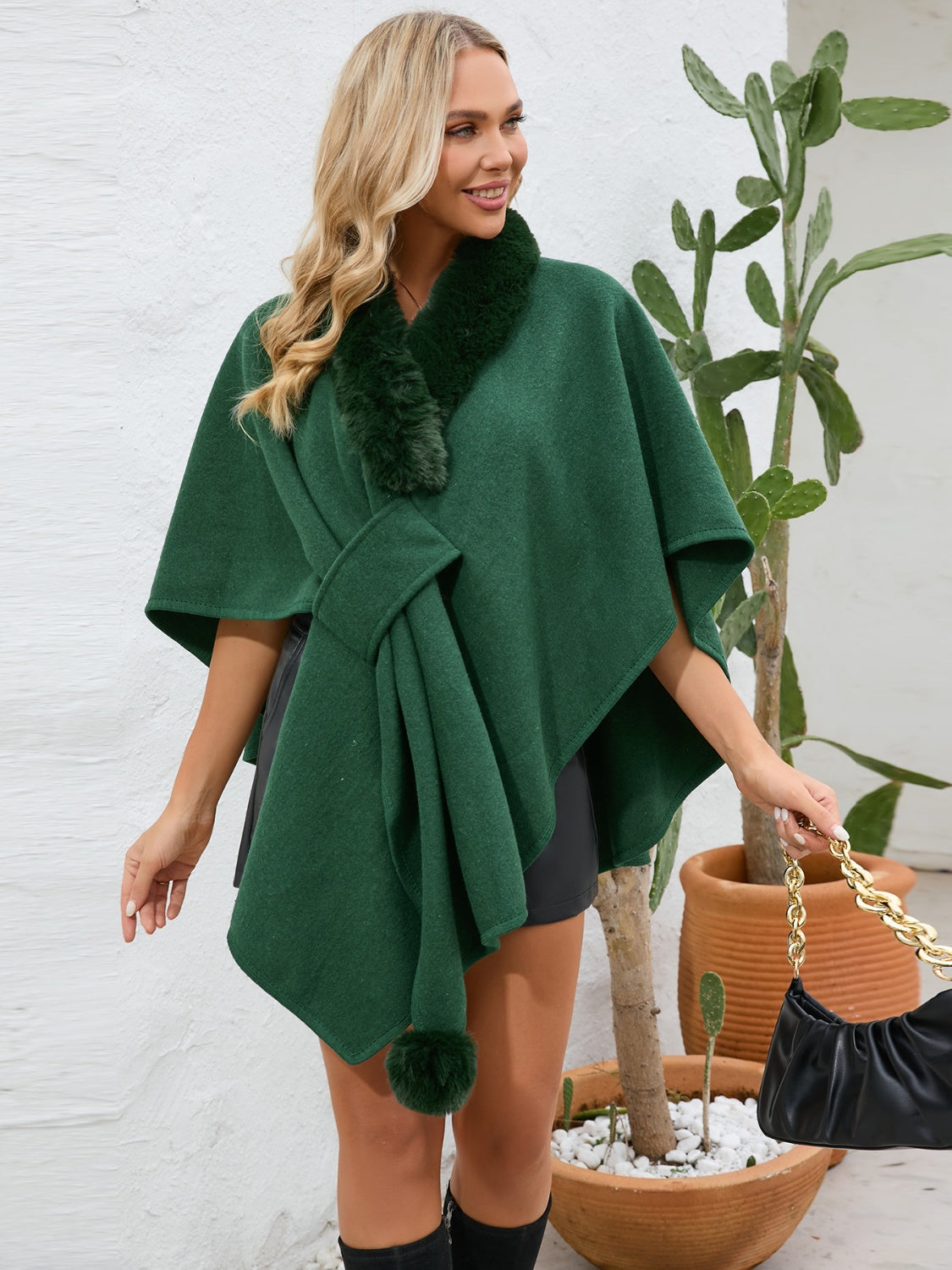 Fuzzy Trim Open Front Poncho-Angel Casuals