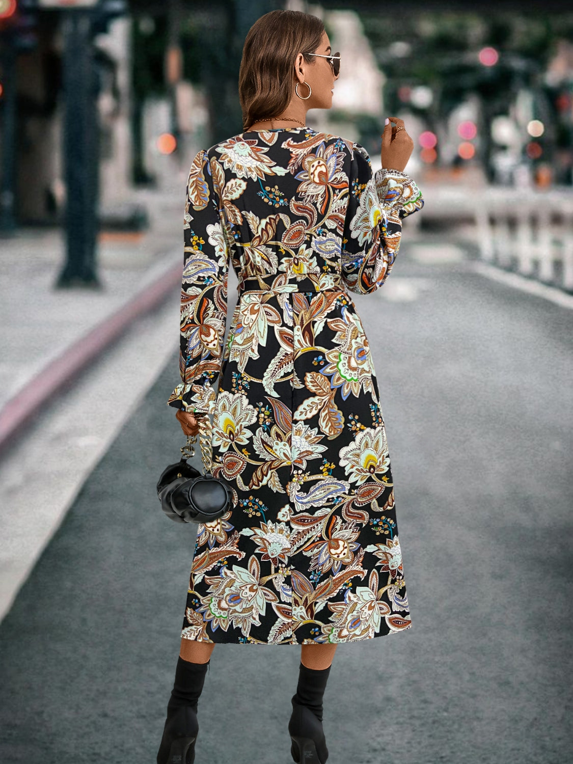Printed Tie Front Surplice Flounce Sleeve Dress-Angel Casuals