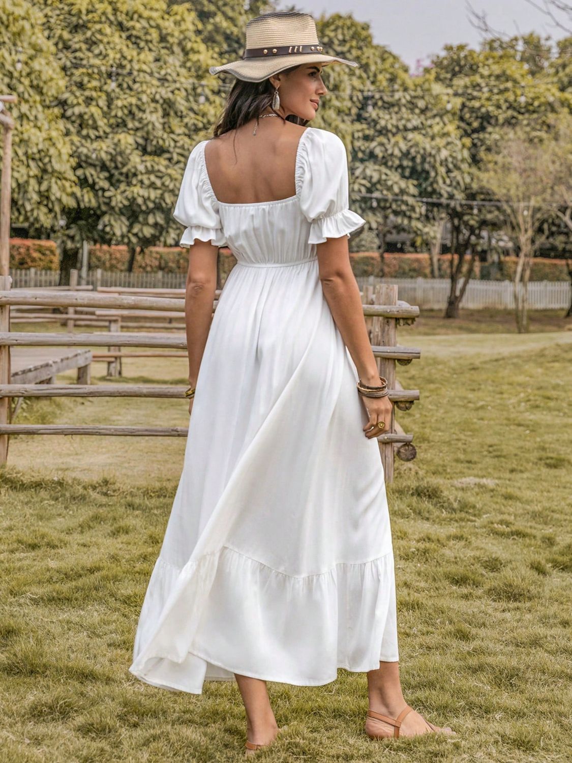 Square Neck Flounce Sleeve Midi Dress-Angel Casuals