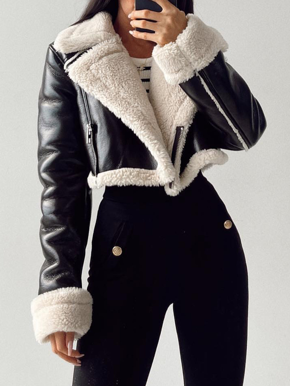 Collared Neck Long Sleeve Plush Cropped Jacket-Angel Casuals
