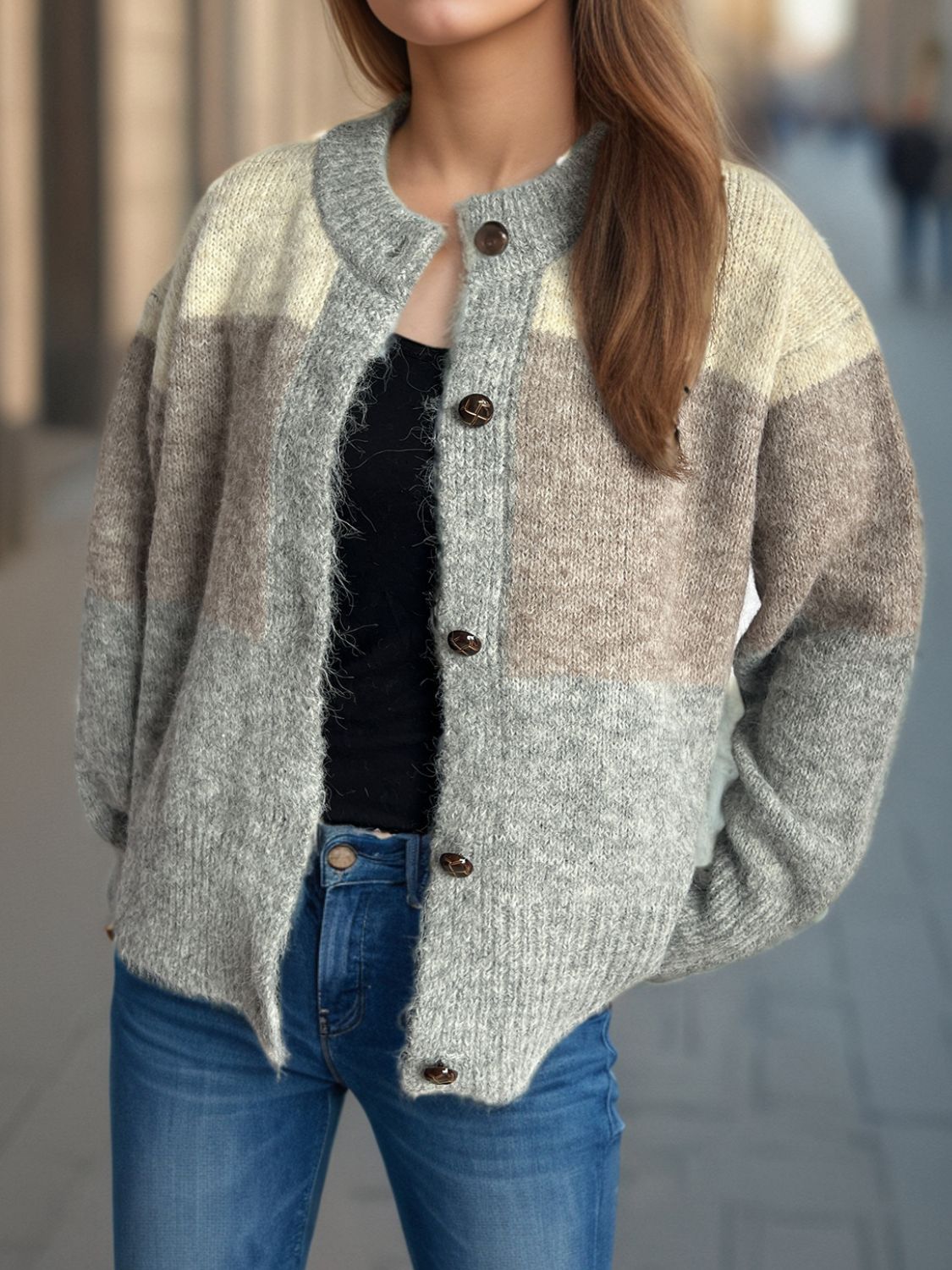 Color Block Round Neck Button Up Cardigan-Angel Casuals