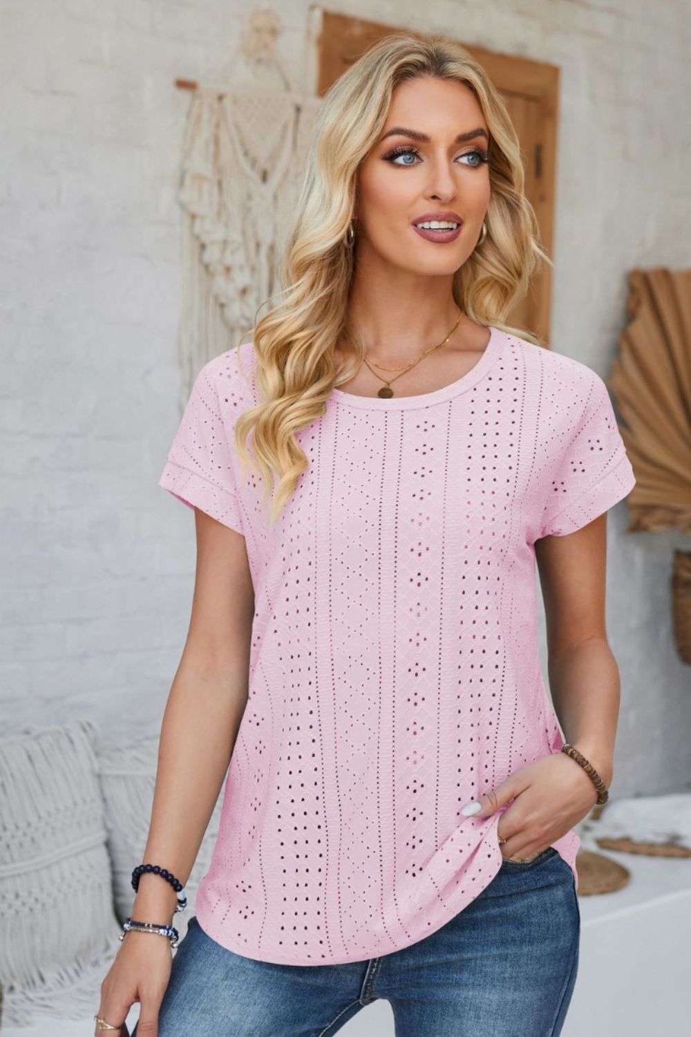 Eyelet Round Neck Rolled Short Sleeve T-Shirt-Angel Casuals