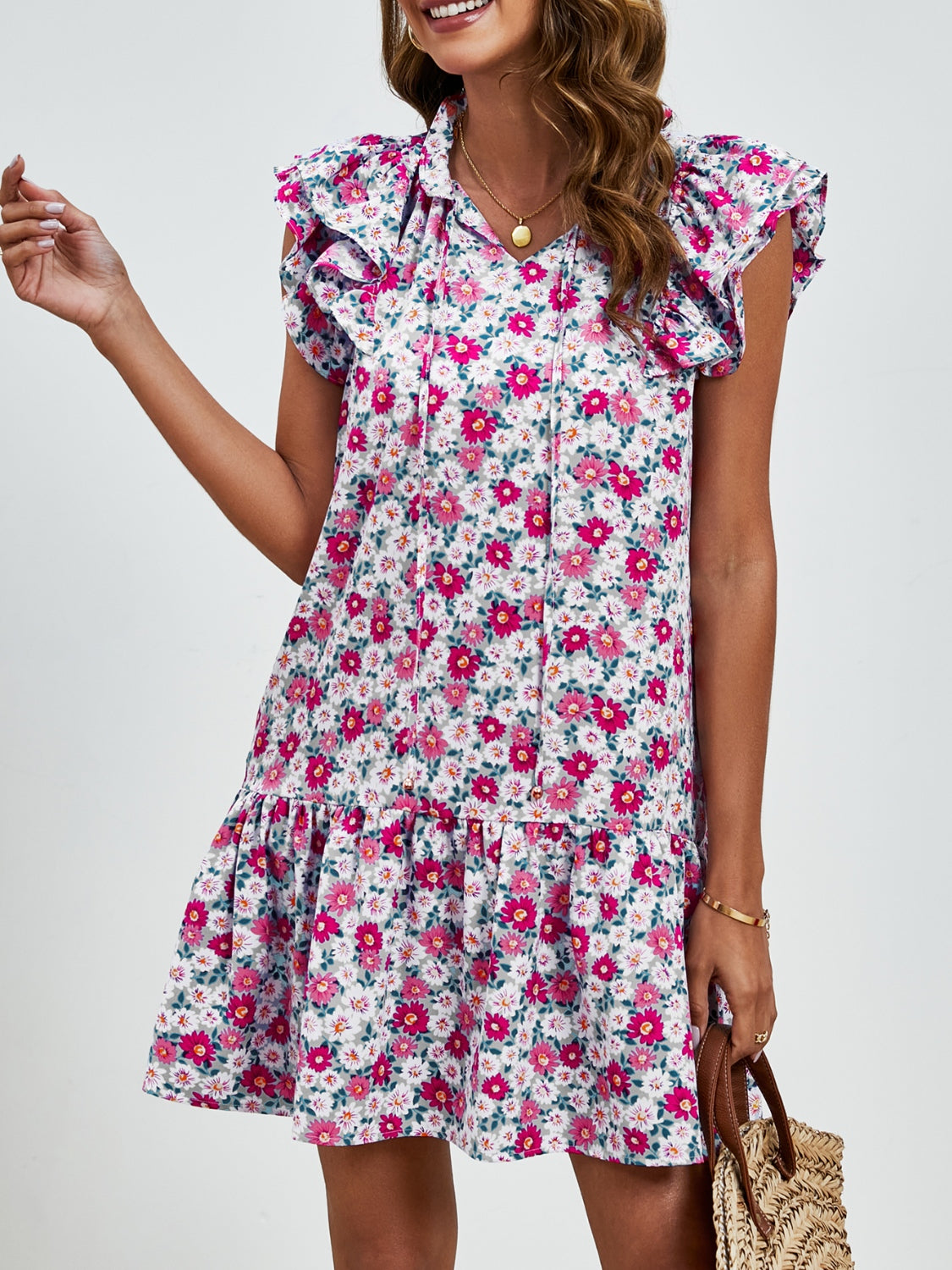 Tied Floral Cap Sleeve Mini Dress-Angel Casuals