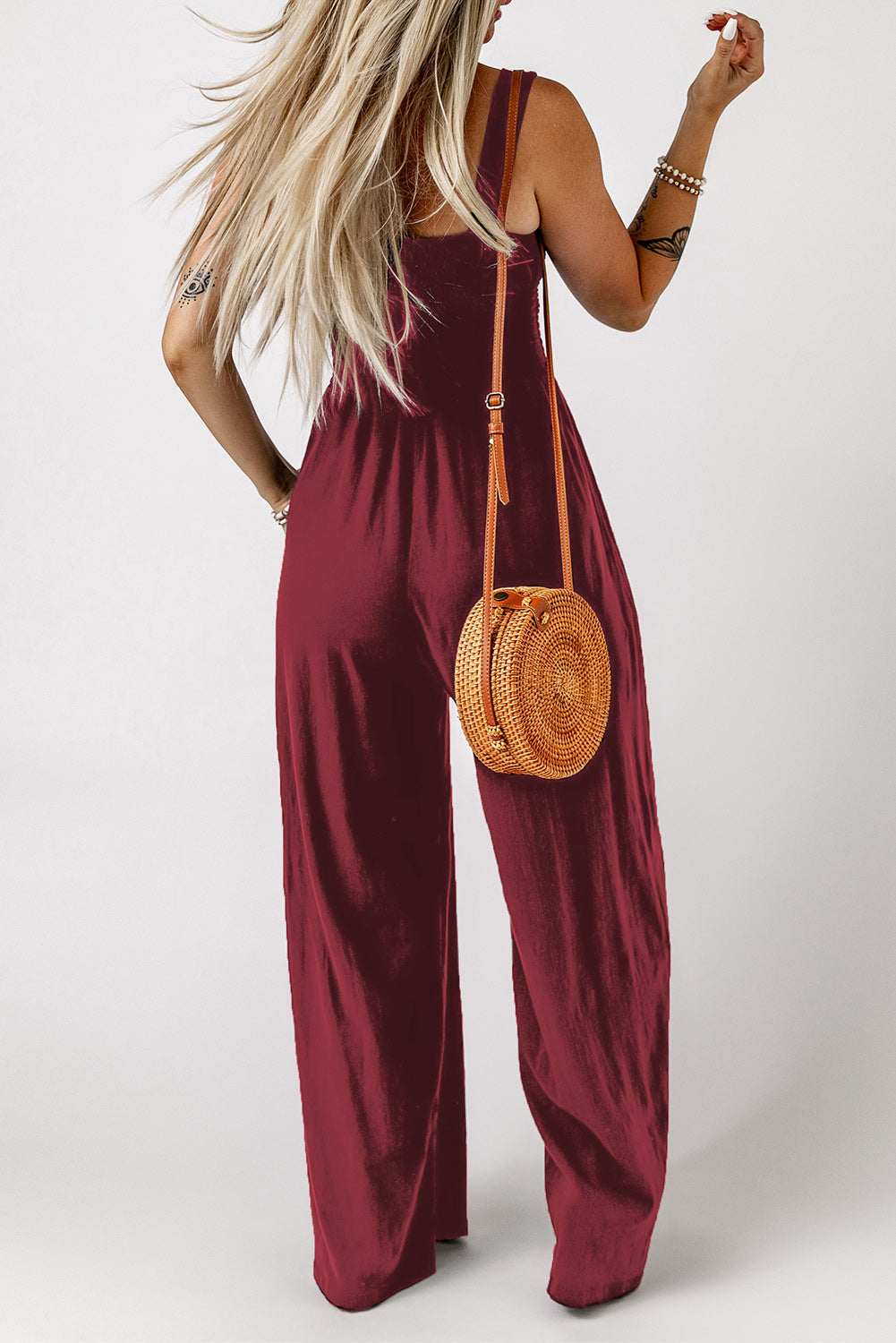 Smocked Square Neck Wide Leg Jumpsuit with Pockets-Angel Casuals