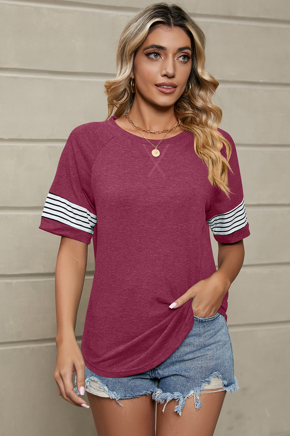 Striped Round Neck Short Sleeve T-Shirt-Angel Casuals