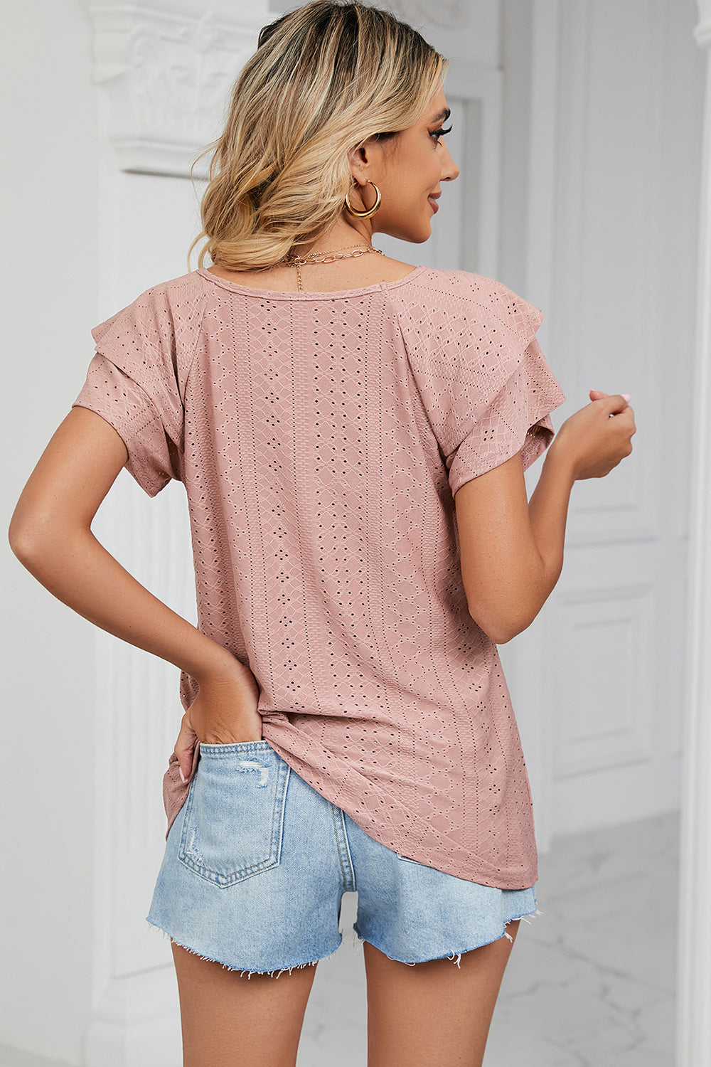 Eyelet V-Neck Short Sleeve T-Shirt-Angel Casuals