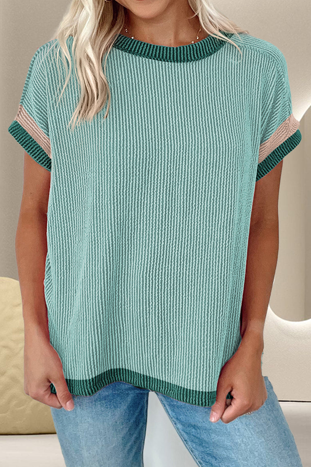 Color Block Round Neck Cap Sleeve T-Shirt-Angel Casuals