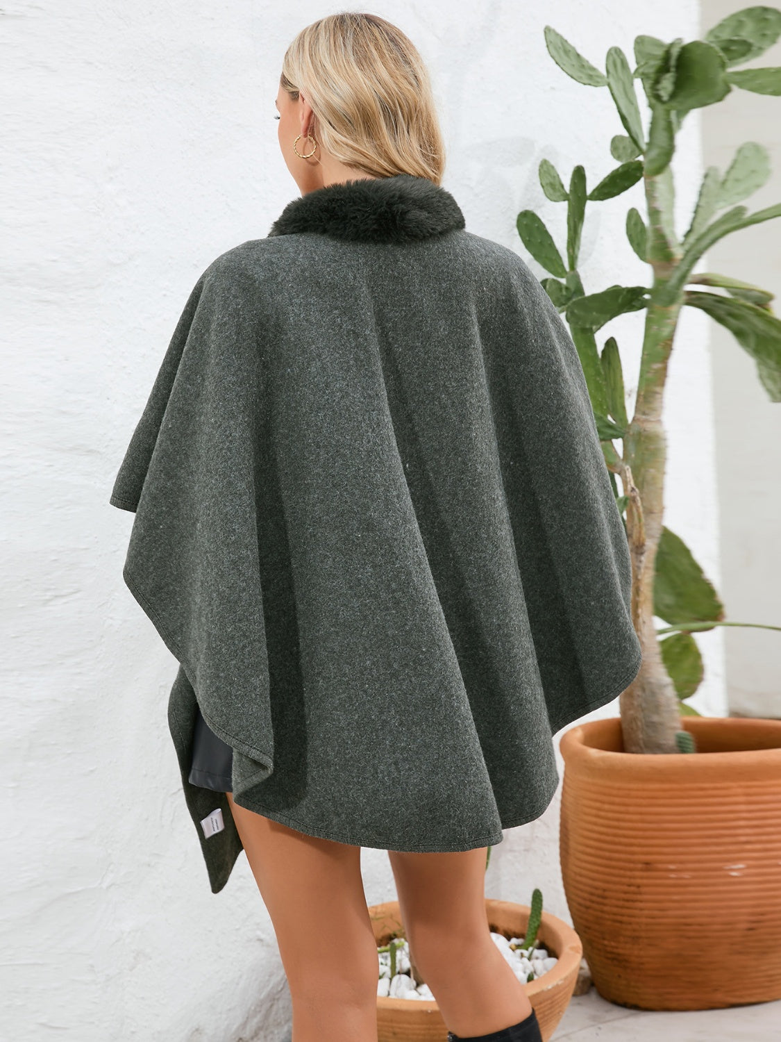 Fuzzy Trim Open Front Poncho-Angel Casuals
