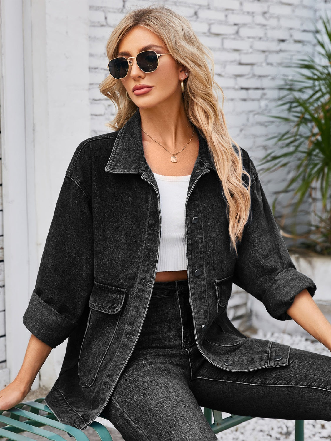 Button Up Long Sleeve Denim Jacket-Angel Casuals