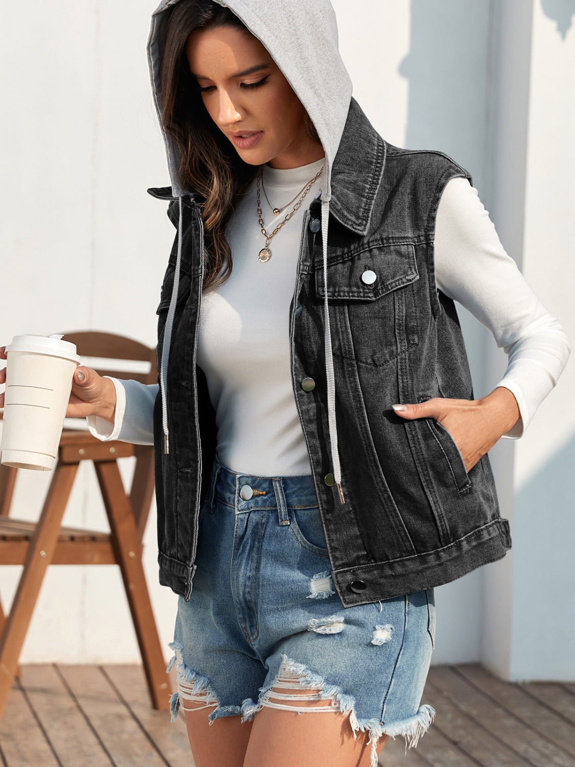 Pocketed Button Up Hooded Denim Jacket-Angel Casuals